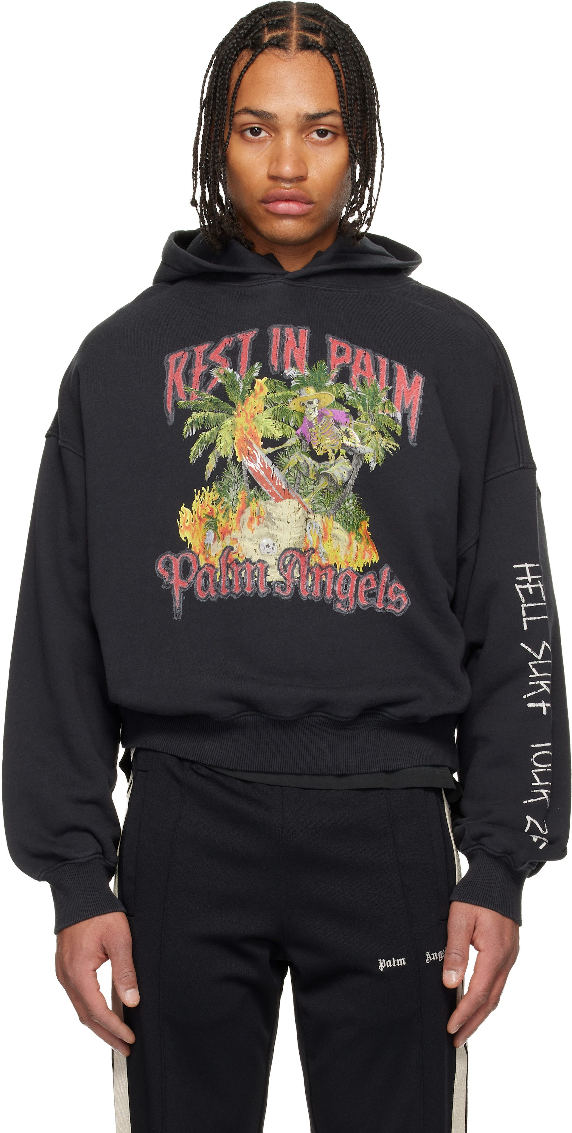 Palm Angels: Black 'Rest In Palm' Loose Hoodie | SSENSE United