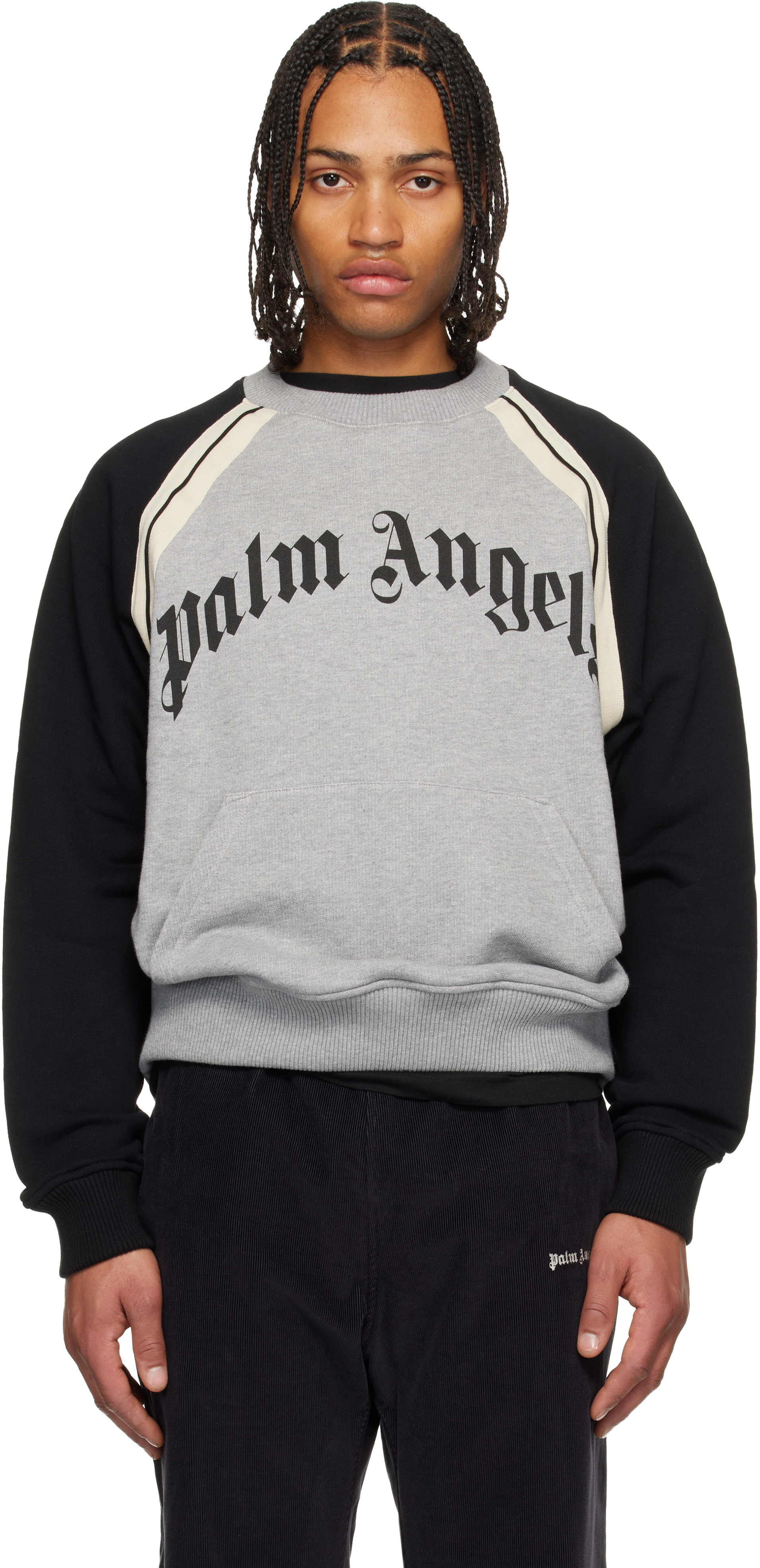 Palm Angels: Gray Curved Logo Track Crew Sweatshirt | SSENSE