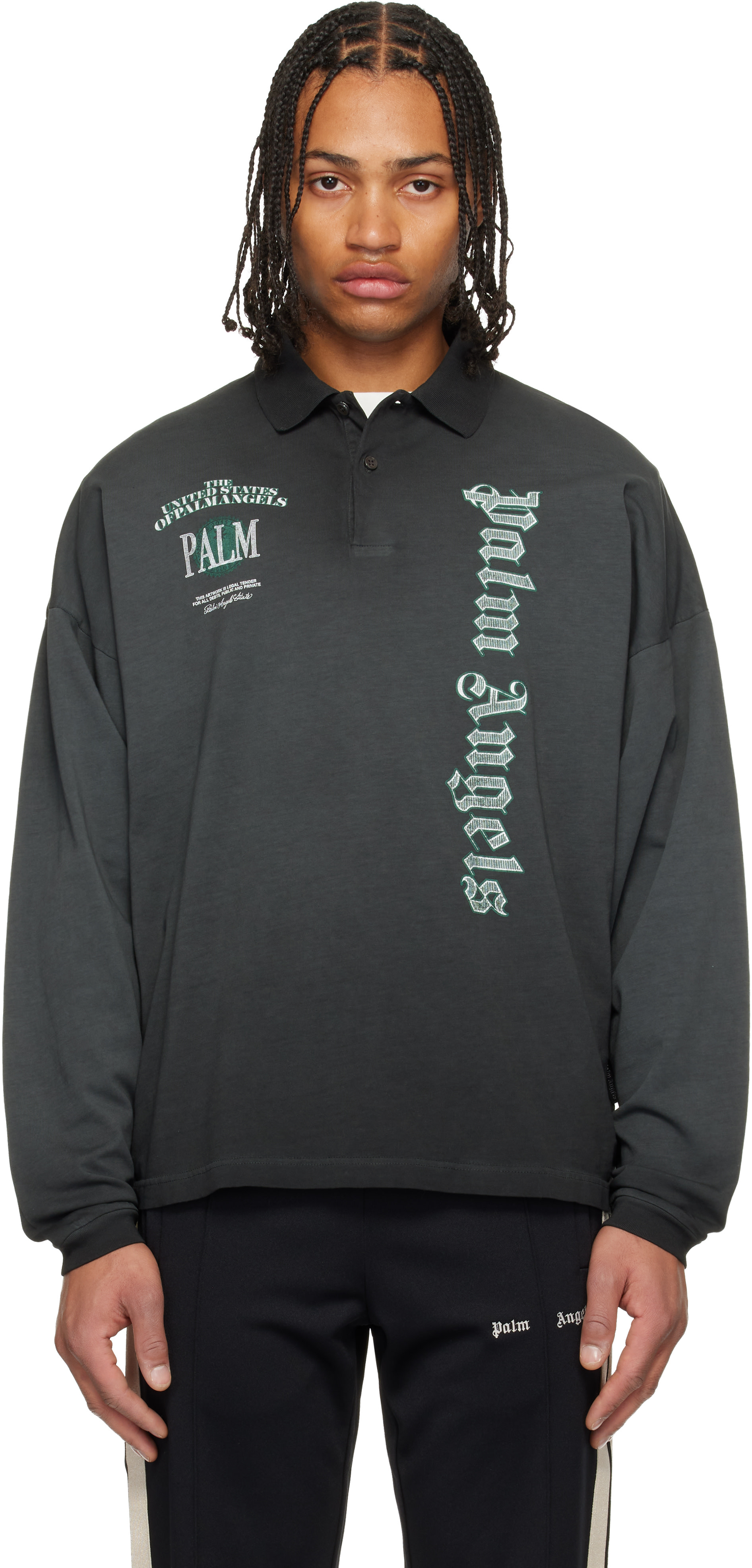 Palm Angels: Black Dollar Logo Long Sleeve Polo | SSENSE