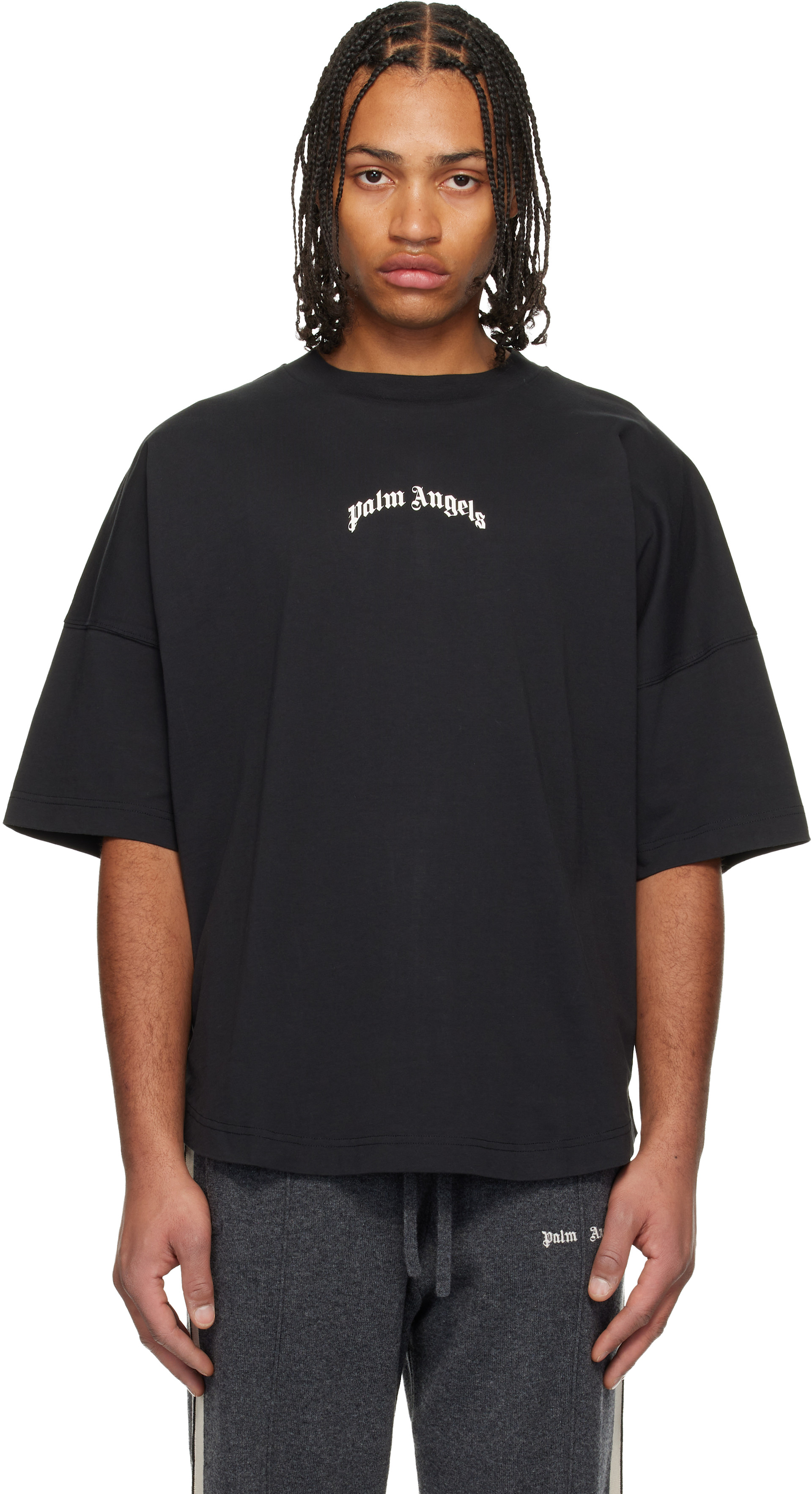 Palm Angels: Black Curved Logo Over T-shirt | SSENSE
