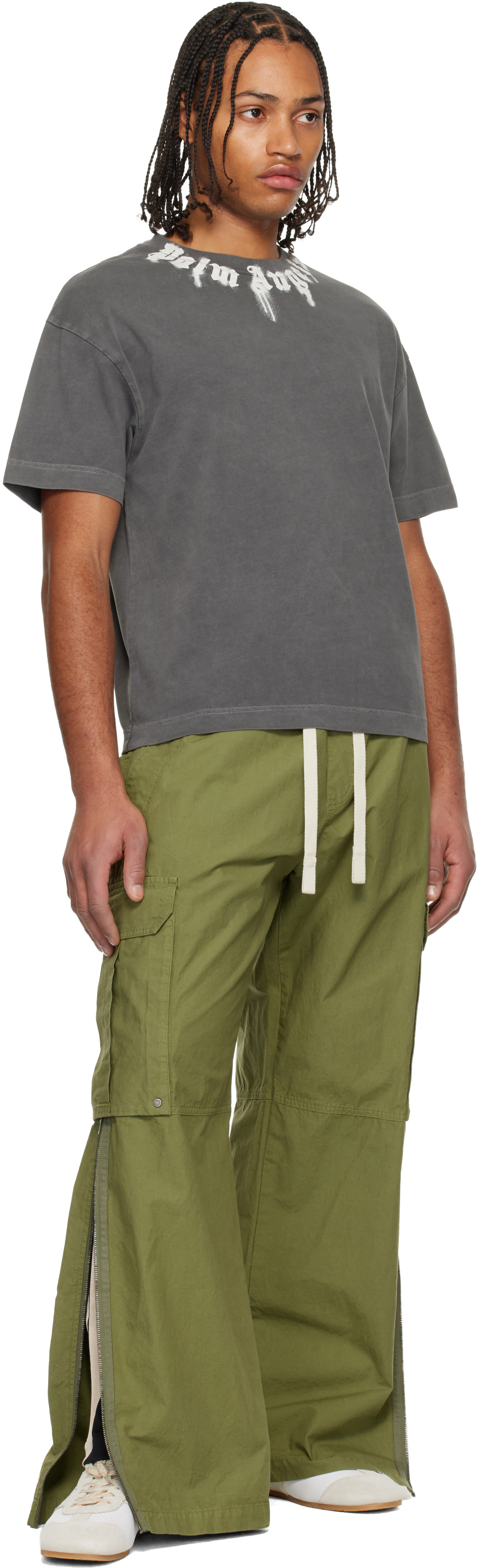 Palm Angels: Gray Neck Logo Regular T-shirt | SSENSE