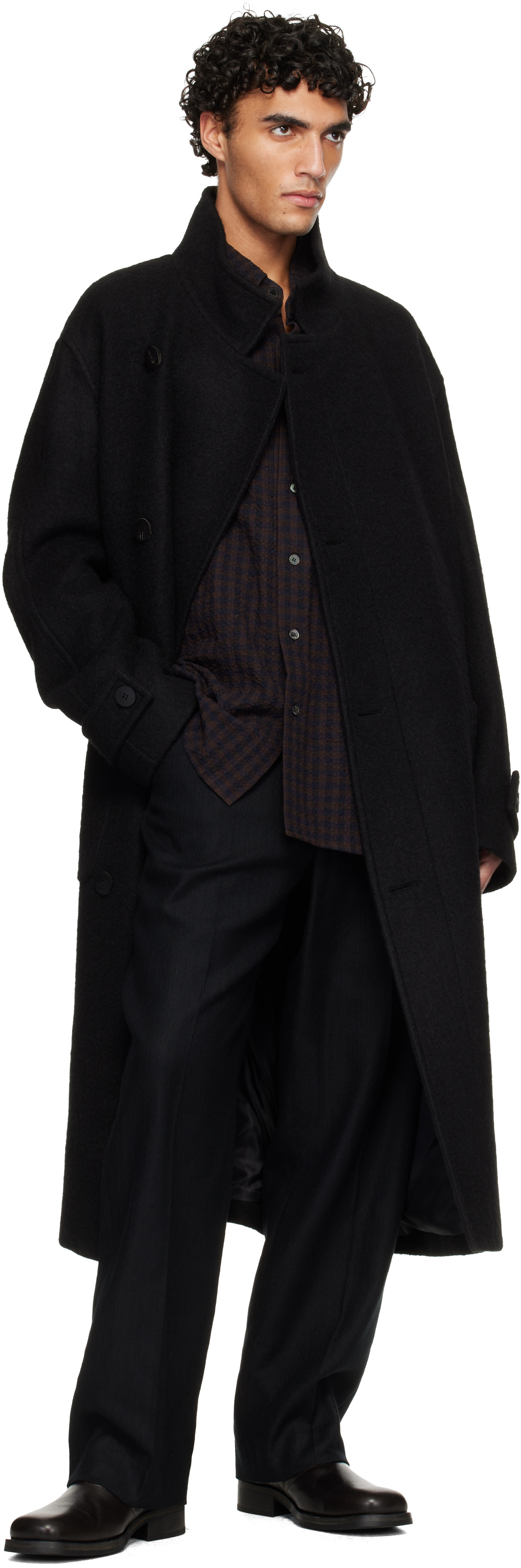WOOYOUNGMI: Black Wool Blend High-Neck Coat | SSENSE
