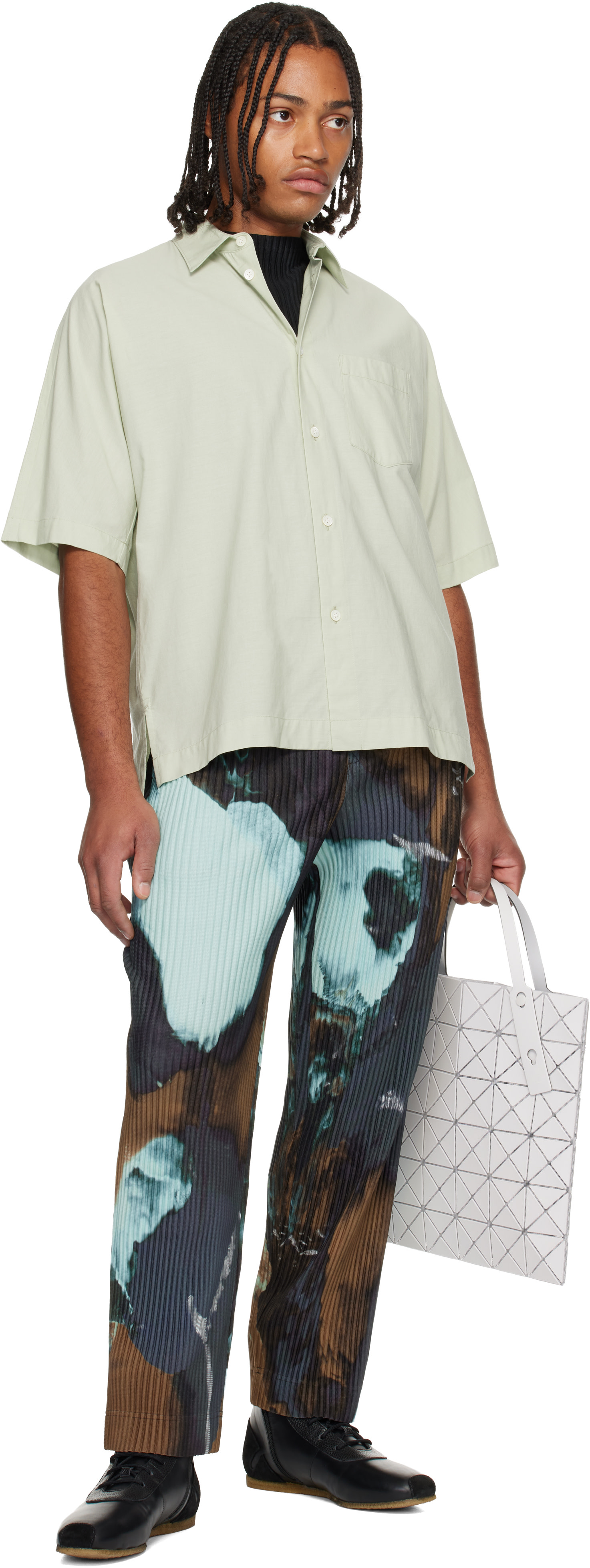 ラ*ン様 HOMME PLISSÉ ISSEY MIYAKE S/S shirt HOMME PLISSÉ ISSEY MIYAKE: Green Streamline Shirt | SSENSE