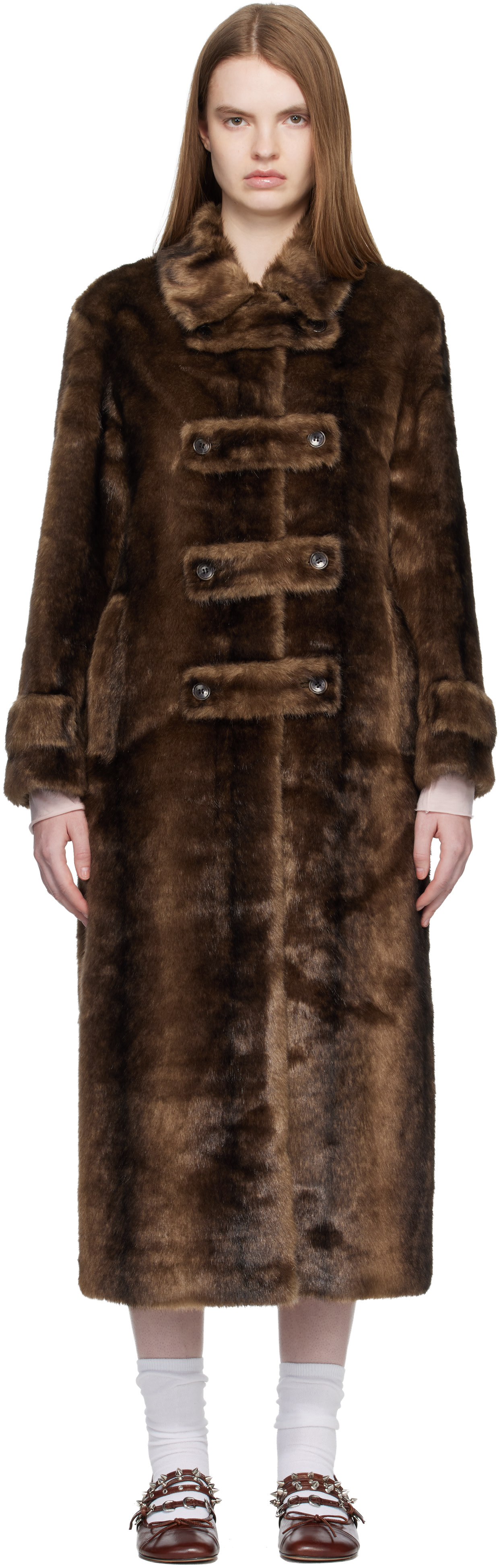 OPEN YY: Brown Tab Toggle Faux-Fur Coat | SSENSE
