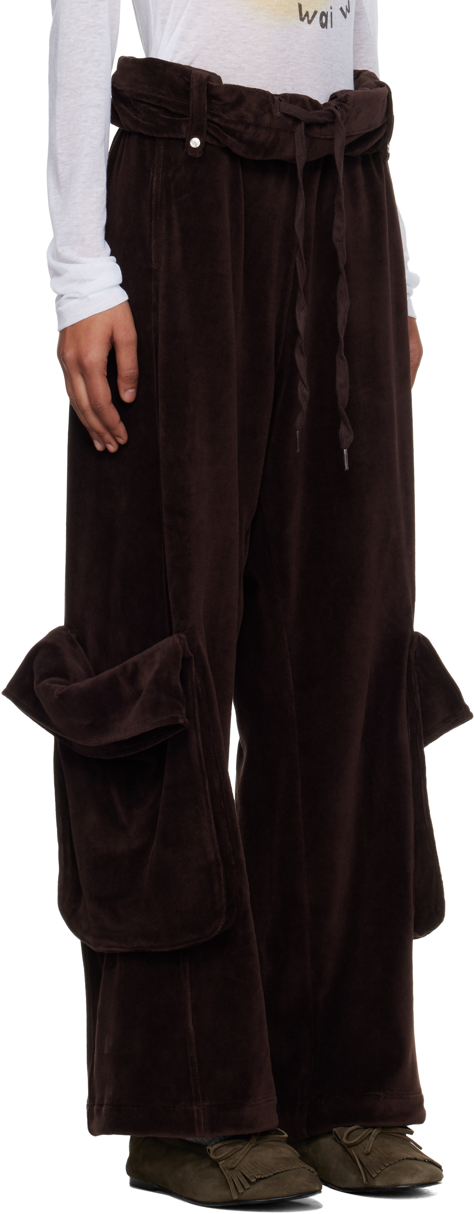 パンツ open yy WASHED ROLLED CARGO PANTS OPEN YY: Brown Rolled Waist Velour Cargo Pants | SSENSE