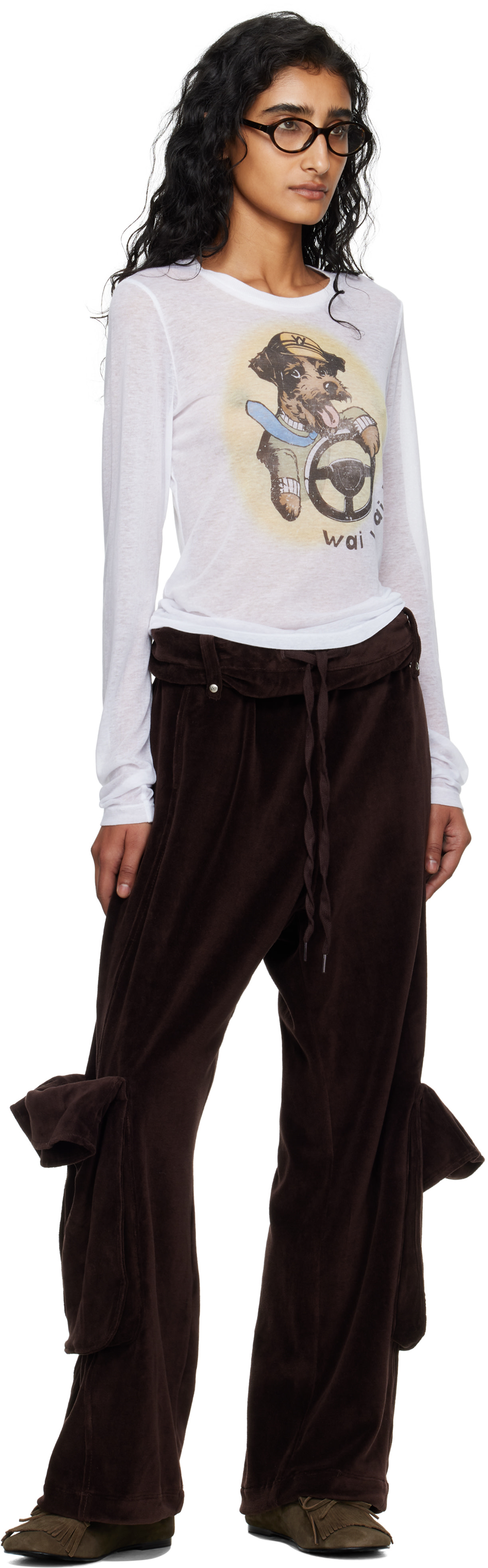 OPEN YY: Brown Rolled Waist Velour Cargo Pants | SSENSE
