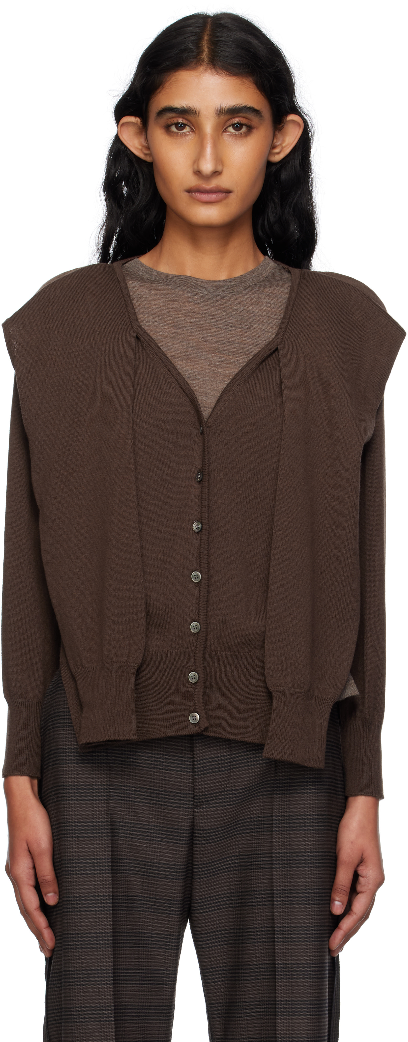 OPEN YY: Brown Sleeve Layered Cardigan | SSENSE Bahrain