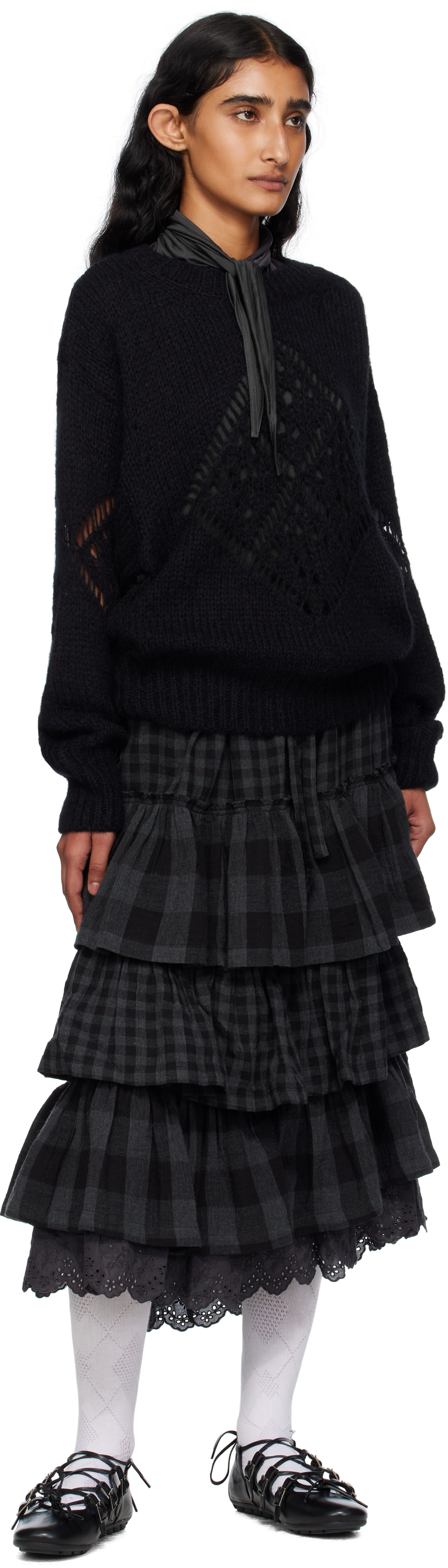 OPEN YY: Black Alpaca Argyle Pointelle Sweater | SSENSE
