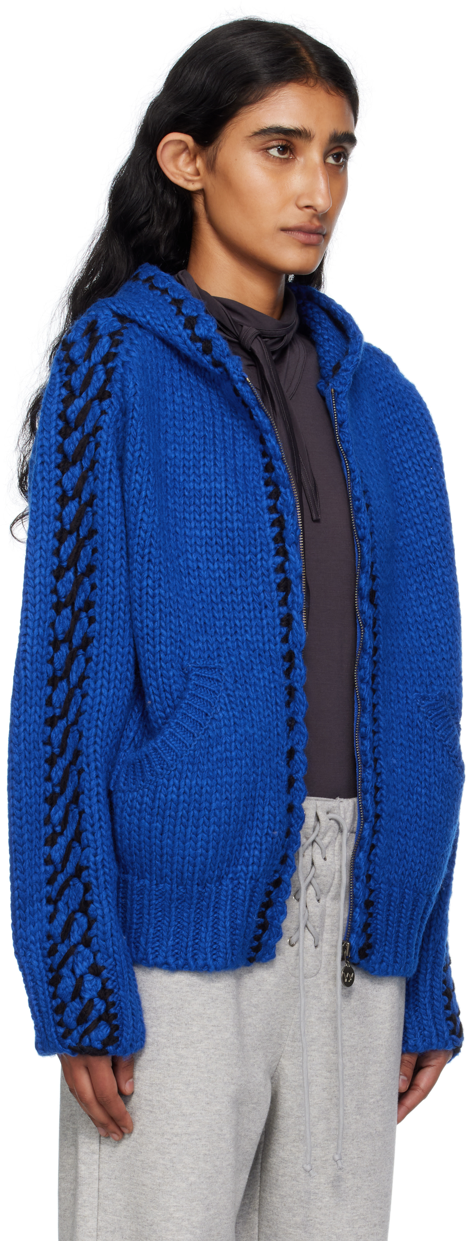 OPEN YY: Blue Stitch Zip Up Knit Hoodie | SSENSE