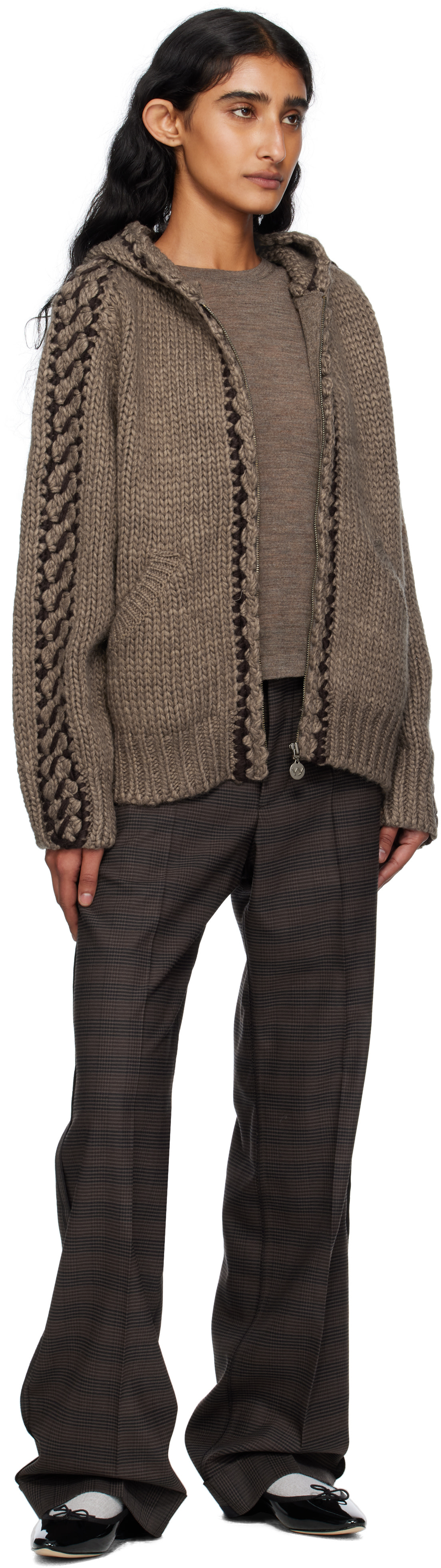 OPEN YY: Brown Stitch Zip Up Knit Hoodie | SSENSE