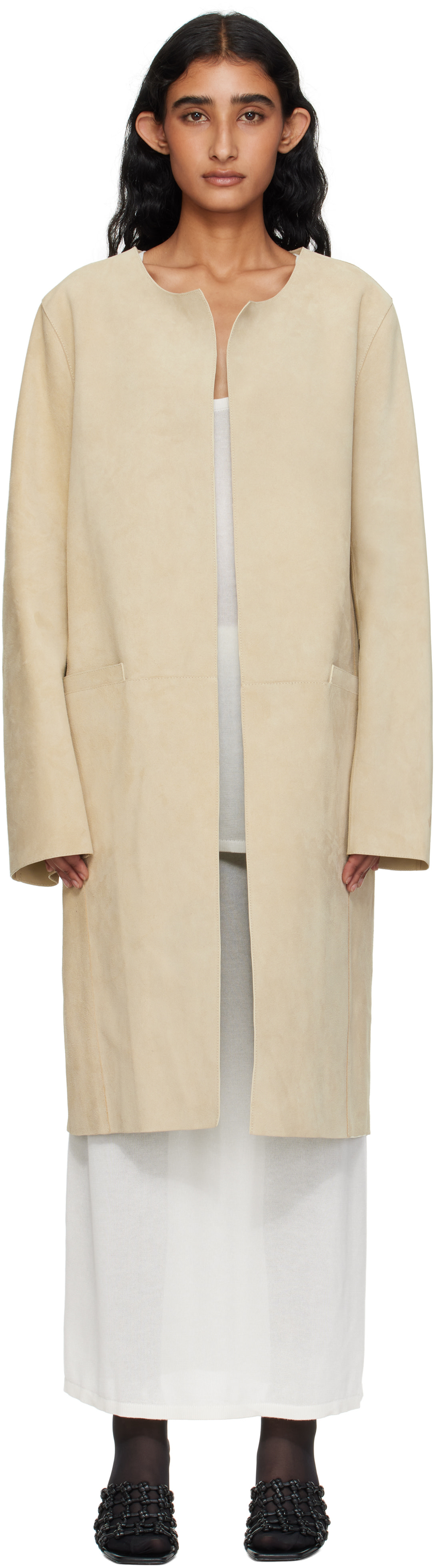 TOTEME: Beige Collarless Suede Coat | SSENSE