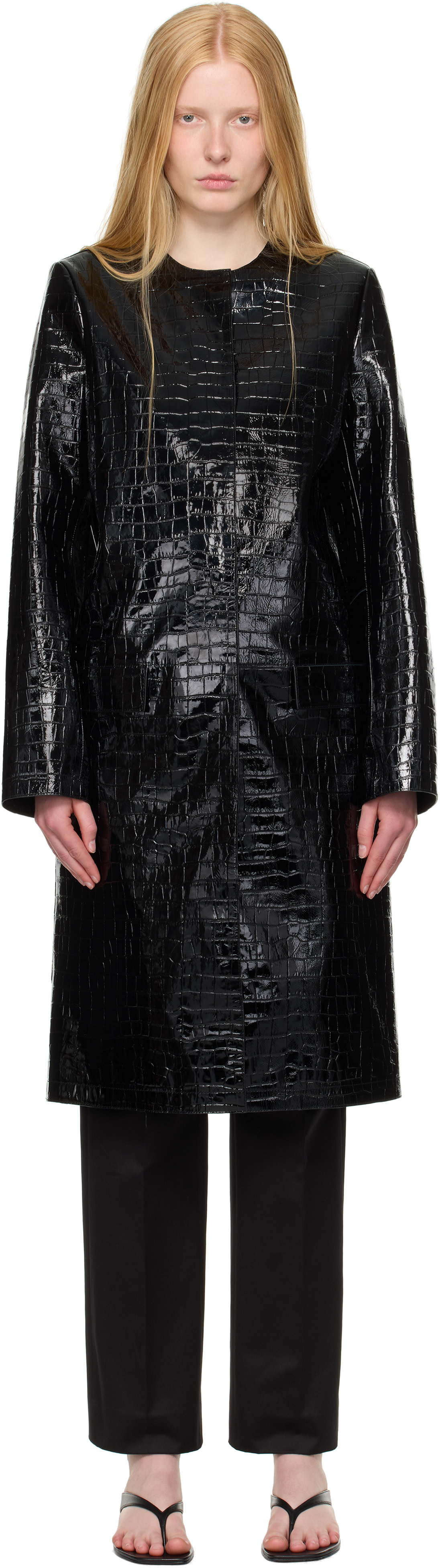 TOTEME: Black Croco-Embossed Leather Coat | SSENSE