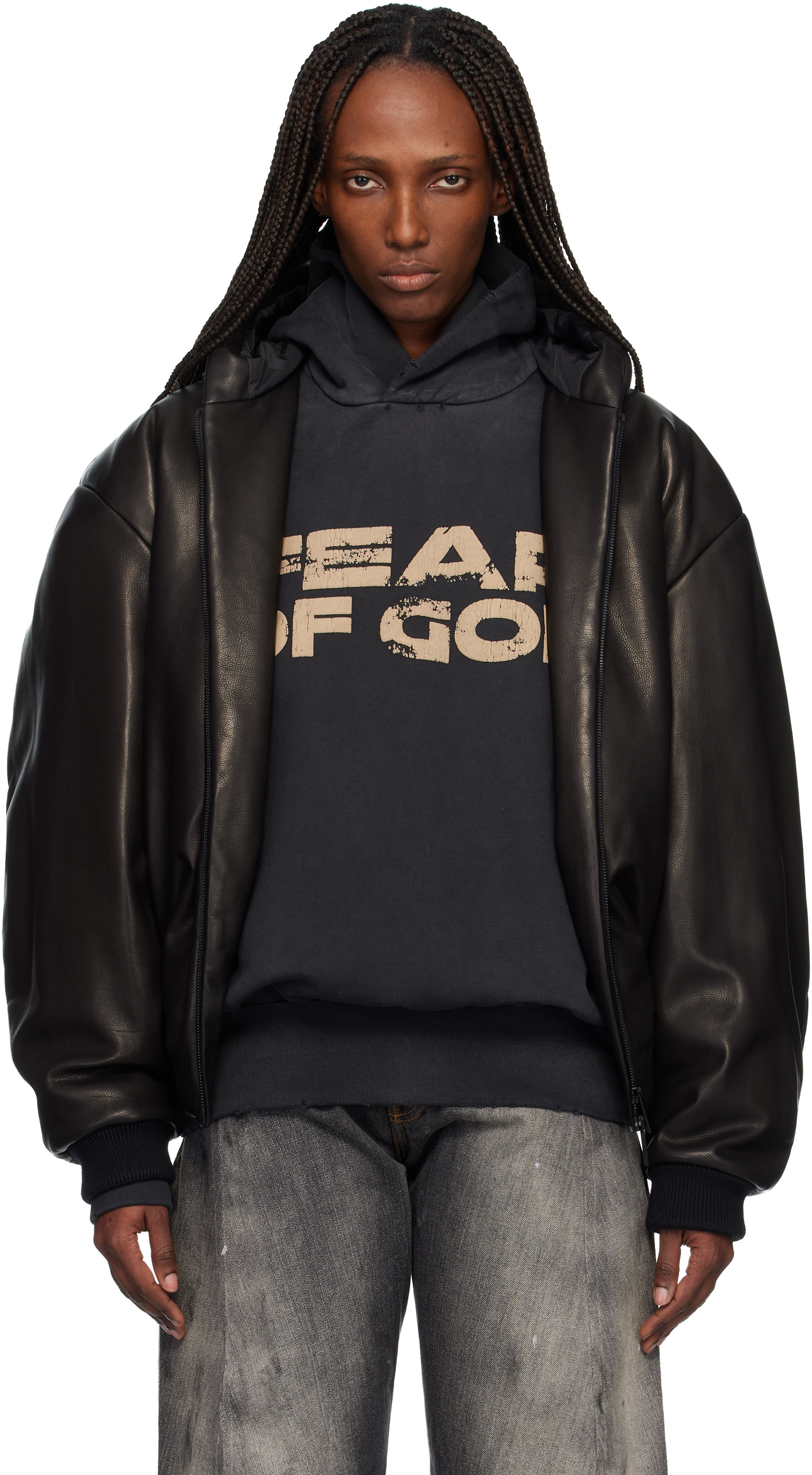 Fear of God: ブラック レザー フード付き ボンバージャケット