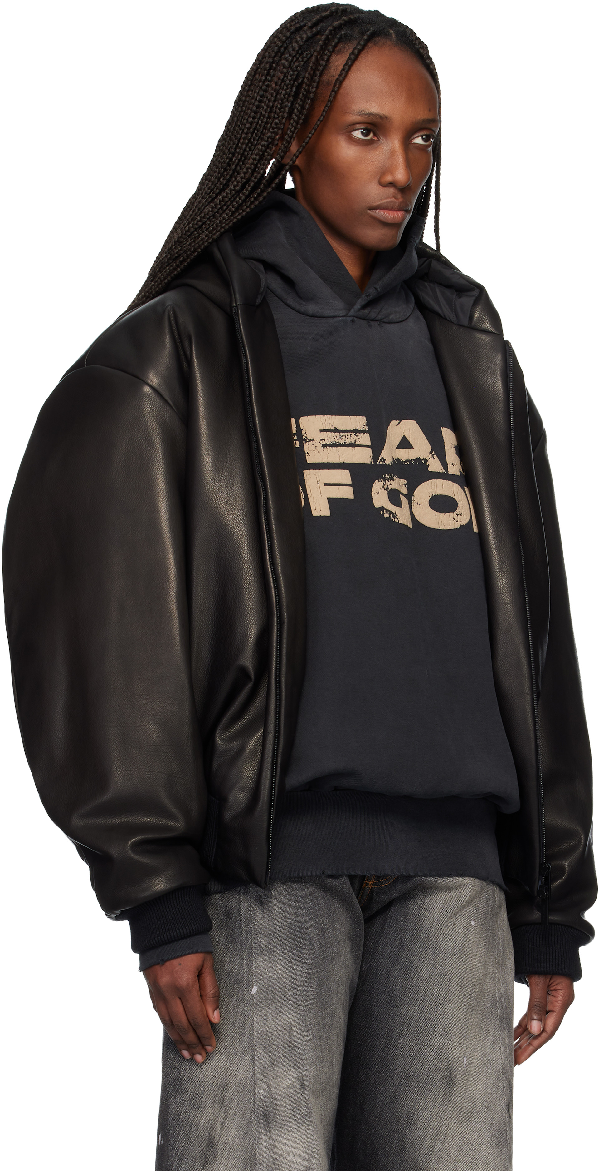 Fear of God: ブラック レザー フード付き ボンバージャケット