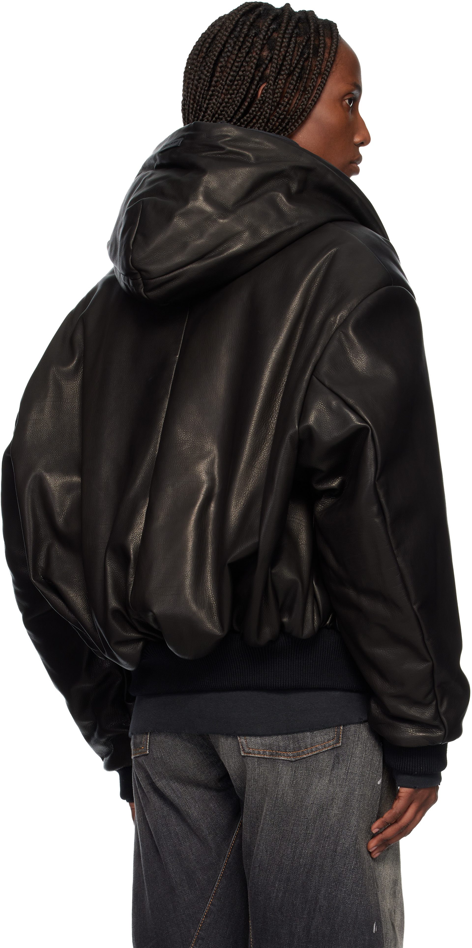 FEAR OF GOD フード付きジャケット M Fear of God: ブラック レザー フード付き ボンバージャケット