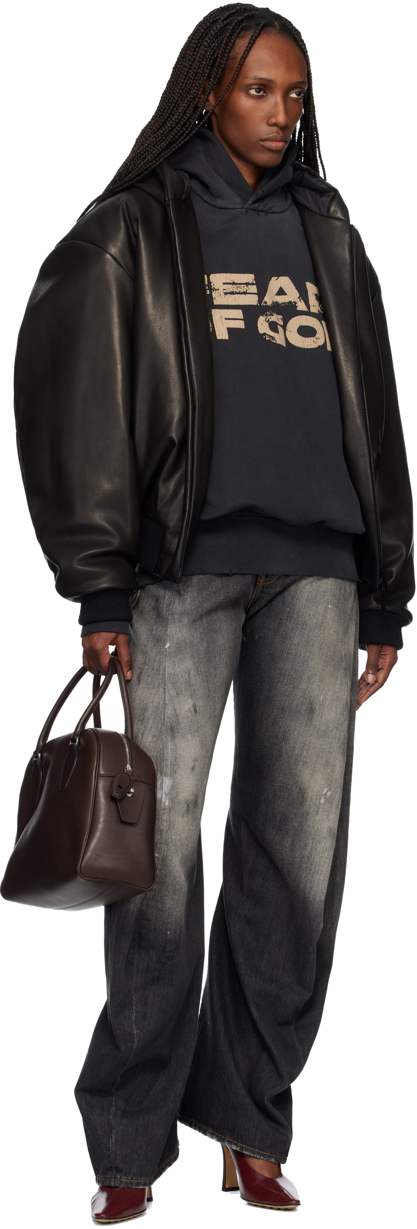 FEAR OF GOD フード付きジャケット M Fear of God: ブラック レザー フード付き ボンバージャケット