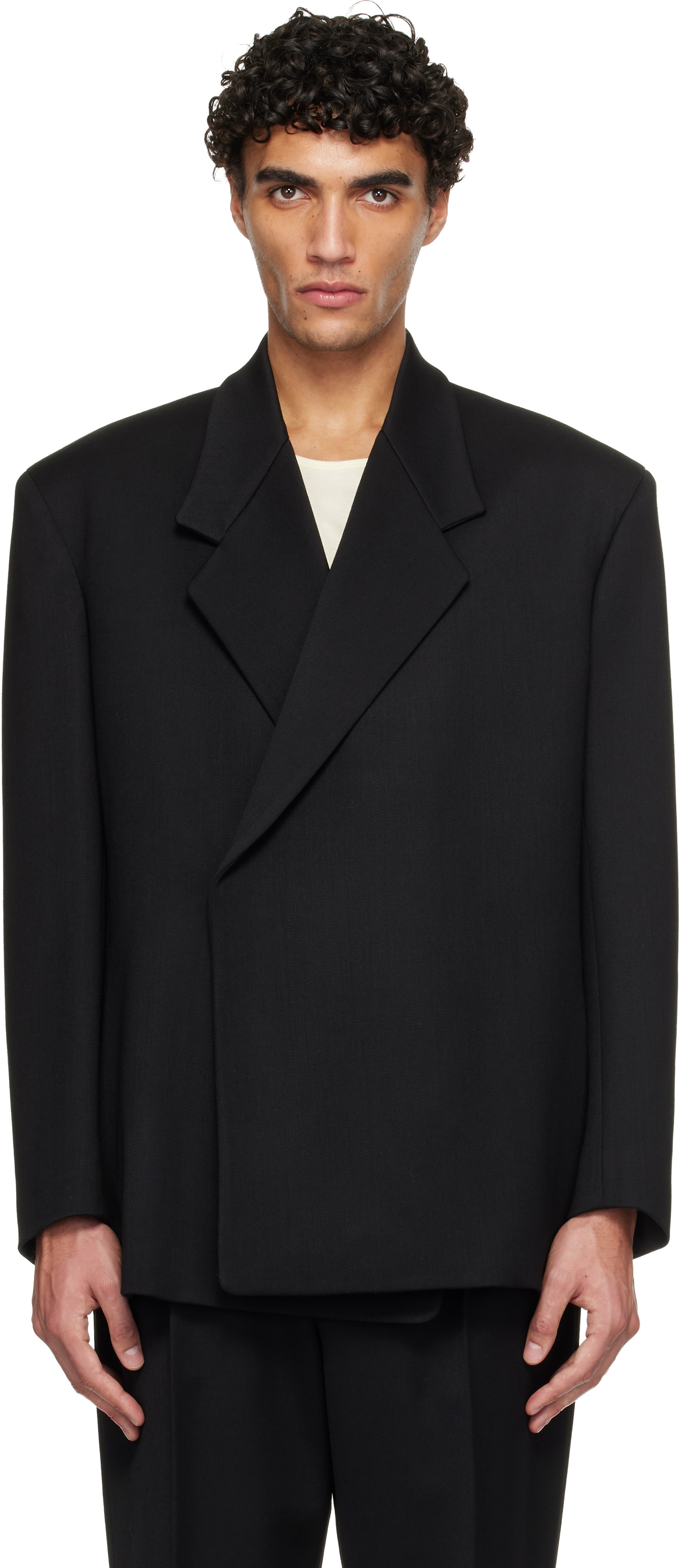 Fear of God: Black Satin Wool Double Breasted Blazer | SSENSE