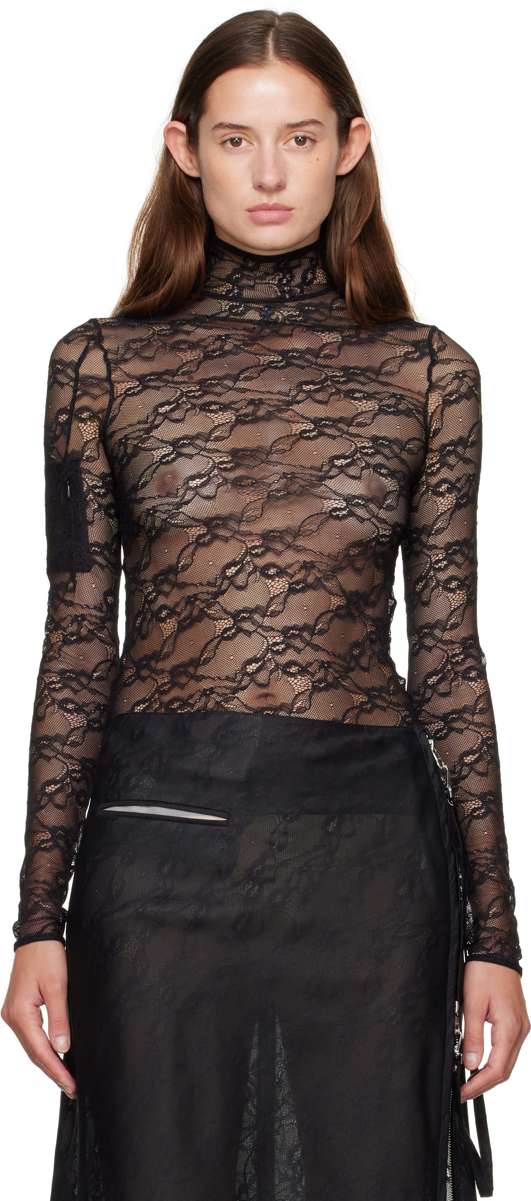 courreges トップス Courrèges: Black Lace Mockneck Top | SSENSE