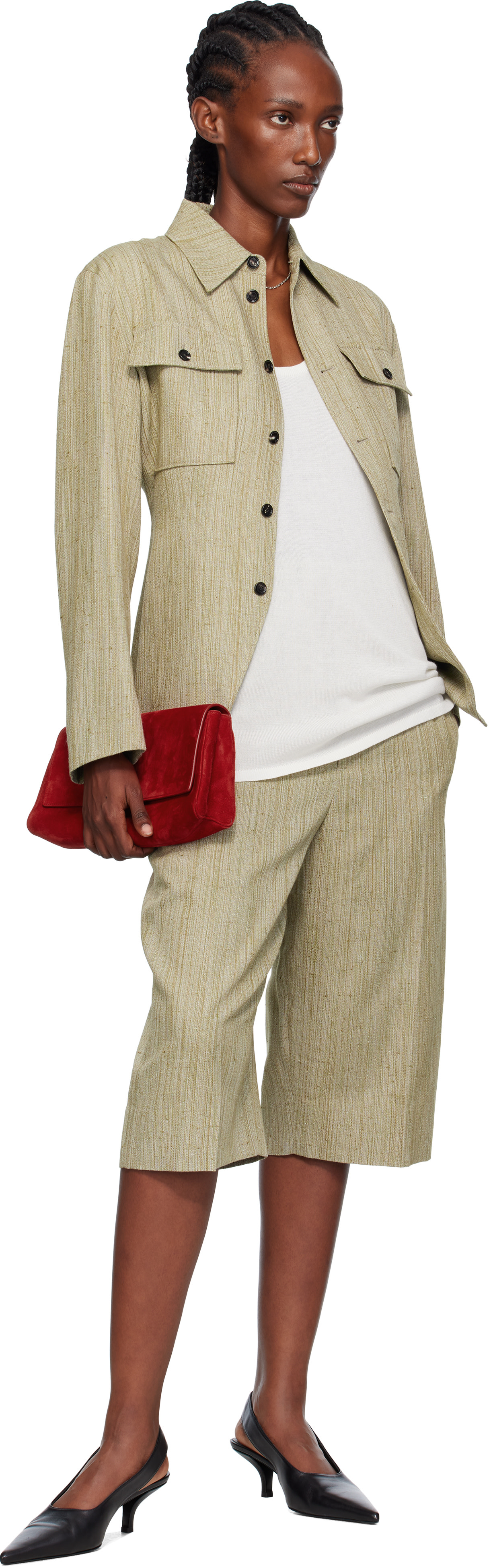 Bottega Veneta: カーキ ビスコースシルク シャツジャケット | SSENSE 日本