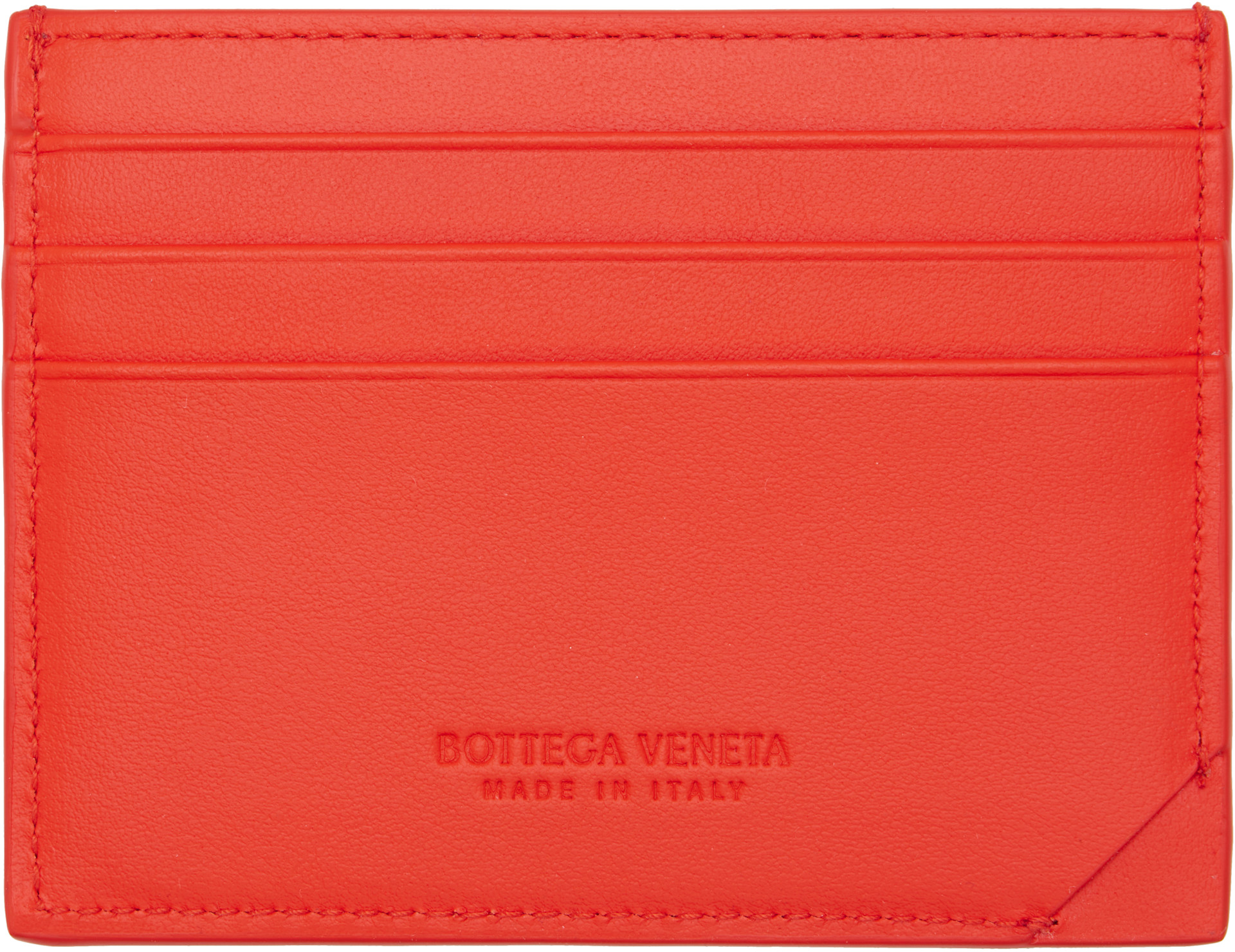 Bottega Veneta: Red Intrecciato Stamp Credit Card Holder | SSENSE