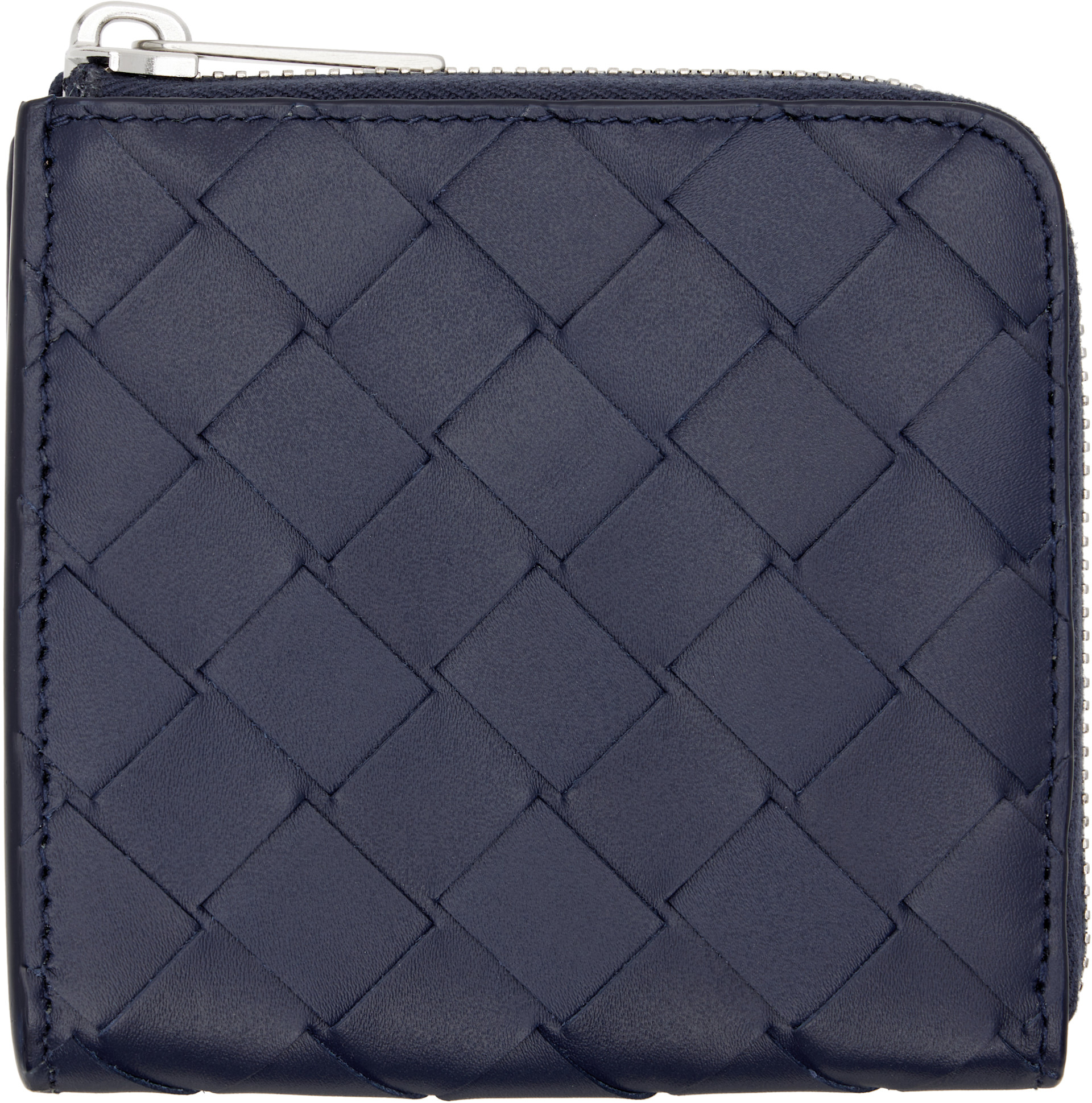 Bottega Veneta: ネイビー Intrecciato スクエア ジップアラウンド