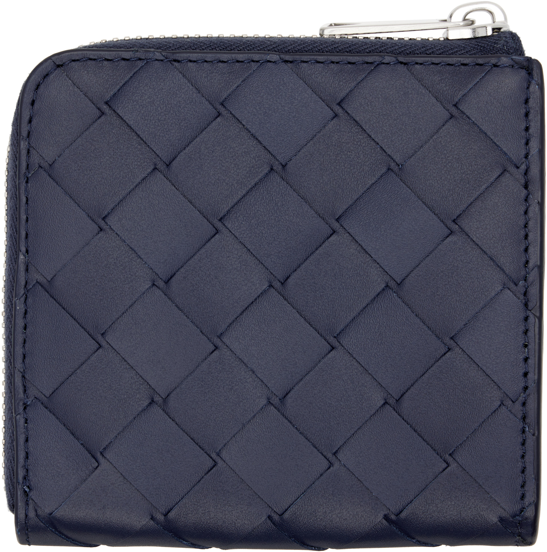 Bottega Veneta: Navy Intrecciato Square Zip Around Wallet | SSENSE