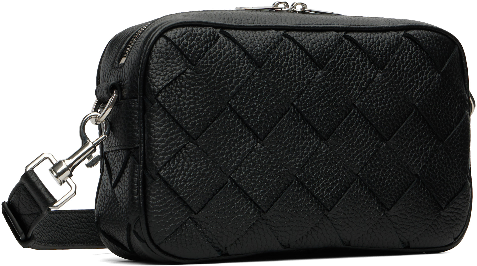 Bottega Veneta: Black Small Intrecciato Camera Bag | SSENSE