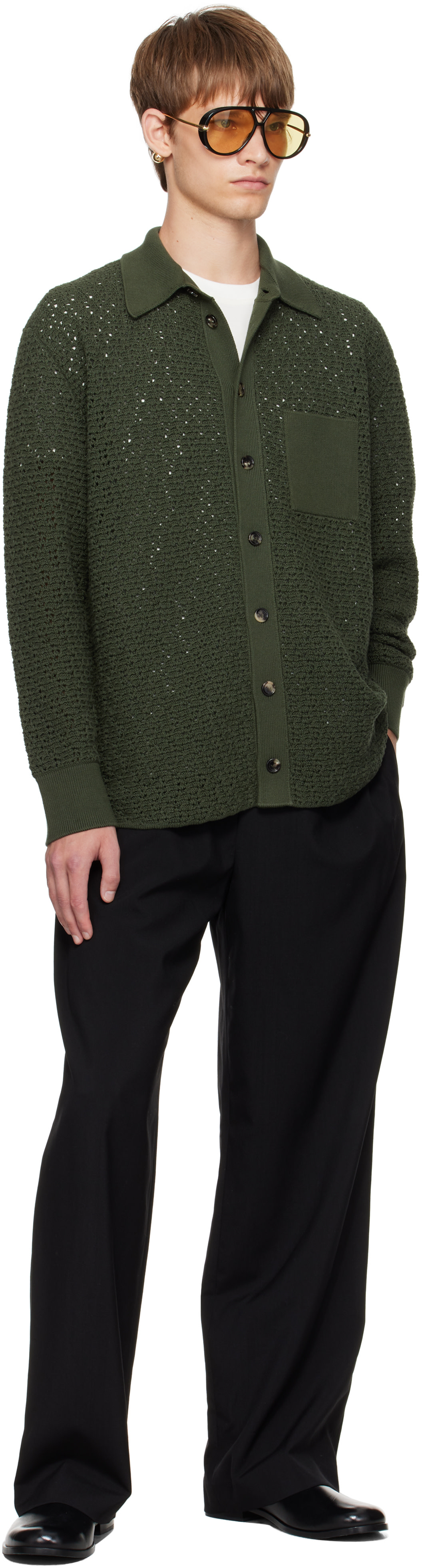 カシミア 80% Bottega Veneta グリーン 長袖ニットセーター Bottega Veneta: Green Cotton Crochet Cardigan | SSENSE