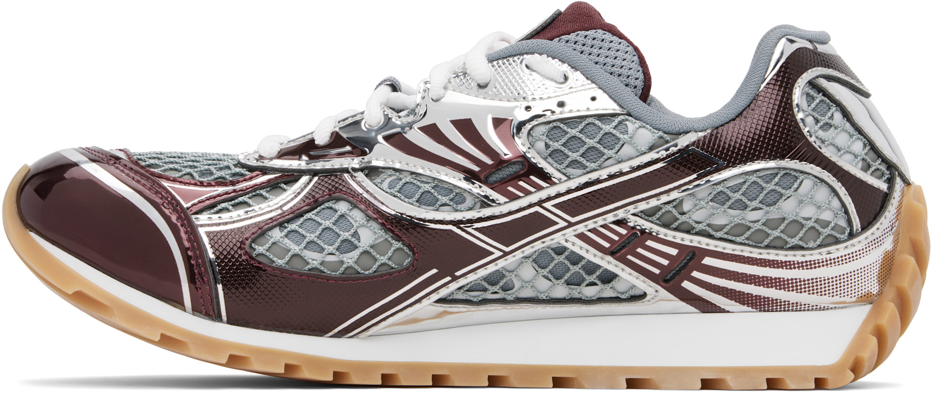 Bottega Veneta: Burgundy & Silver Orbit Sneakers | SSENSE