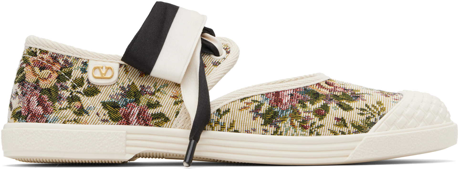 Valentino Garavani: Beige Bow Floral Jacquard Sneakers | SSENSE