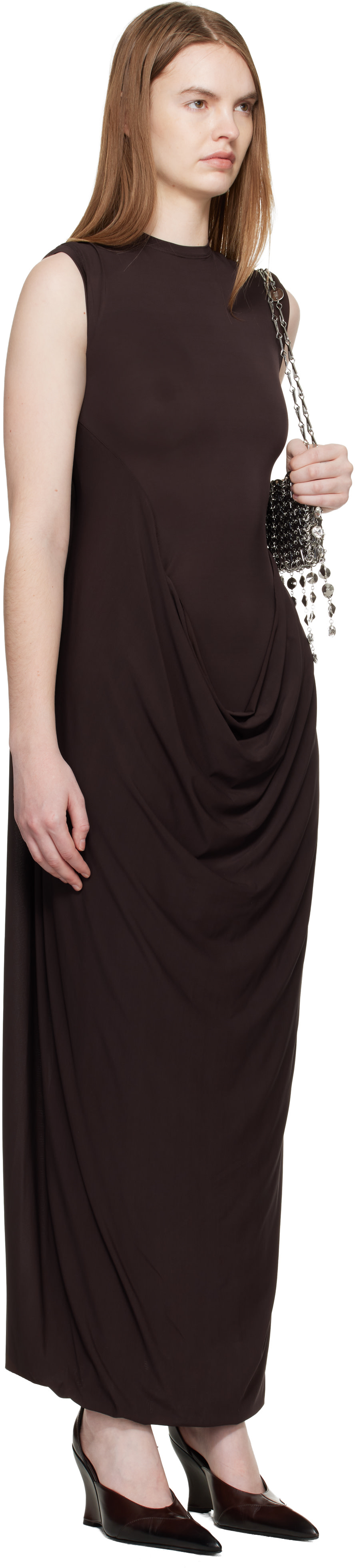 brown draped maxi dress Brown Draped Asymmetric Maxi Dress XS