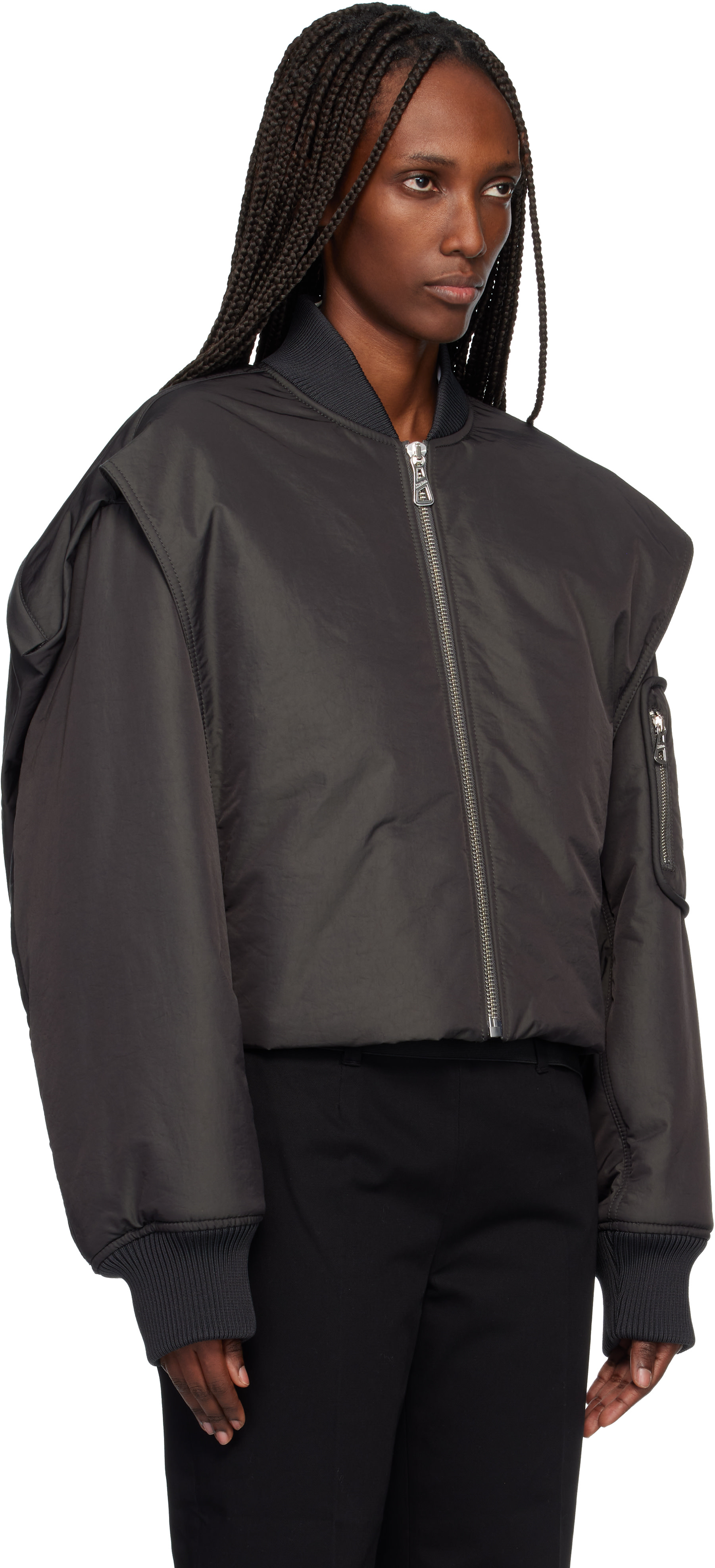 Jean Paul Gaultier: Gray Hidden Hood Detail Bomber Jacket | SSENSE