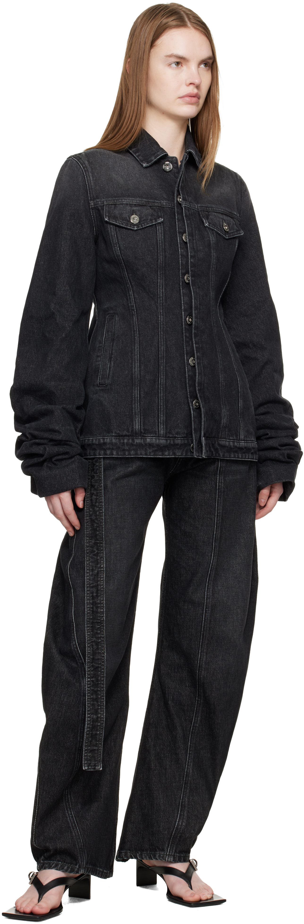 希少90sJean PaulGaultier Jeansミリタリーコートブラック Jean Paul Gaultier: Black Oversized Sleeves Denim Jacket | SSENSE