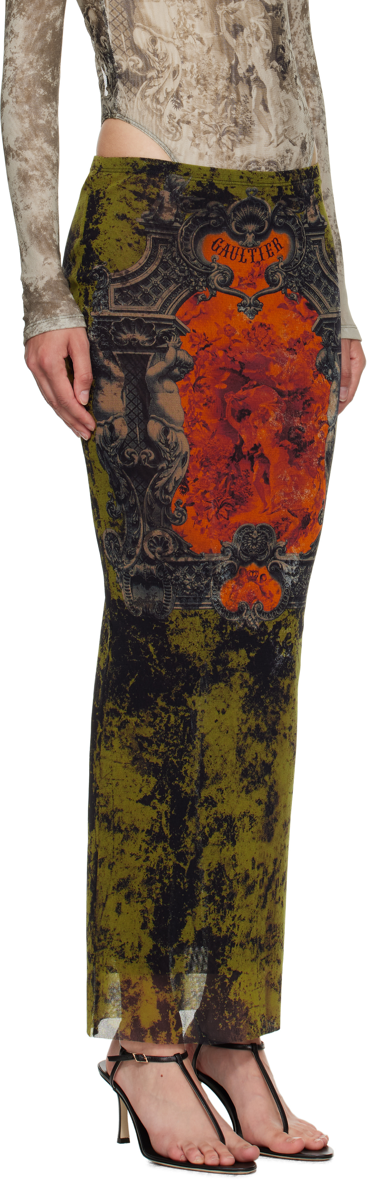 Jean Paul Gaultier: Khaki & Orange 'The Long Médaillon' Midi Skirt