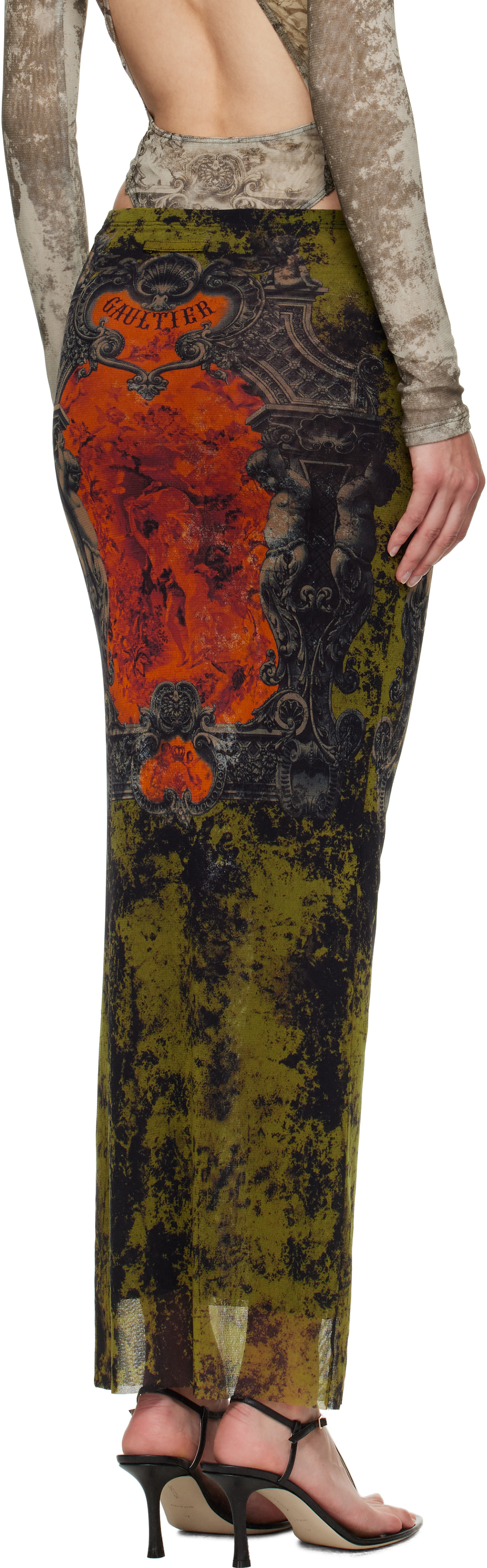 Jean Paul Gaultier: Khaki & Orange 'The Long Médaillon' Midi Skirt