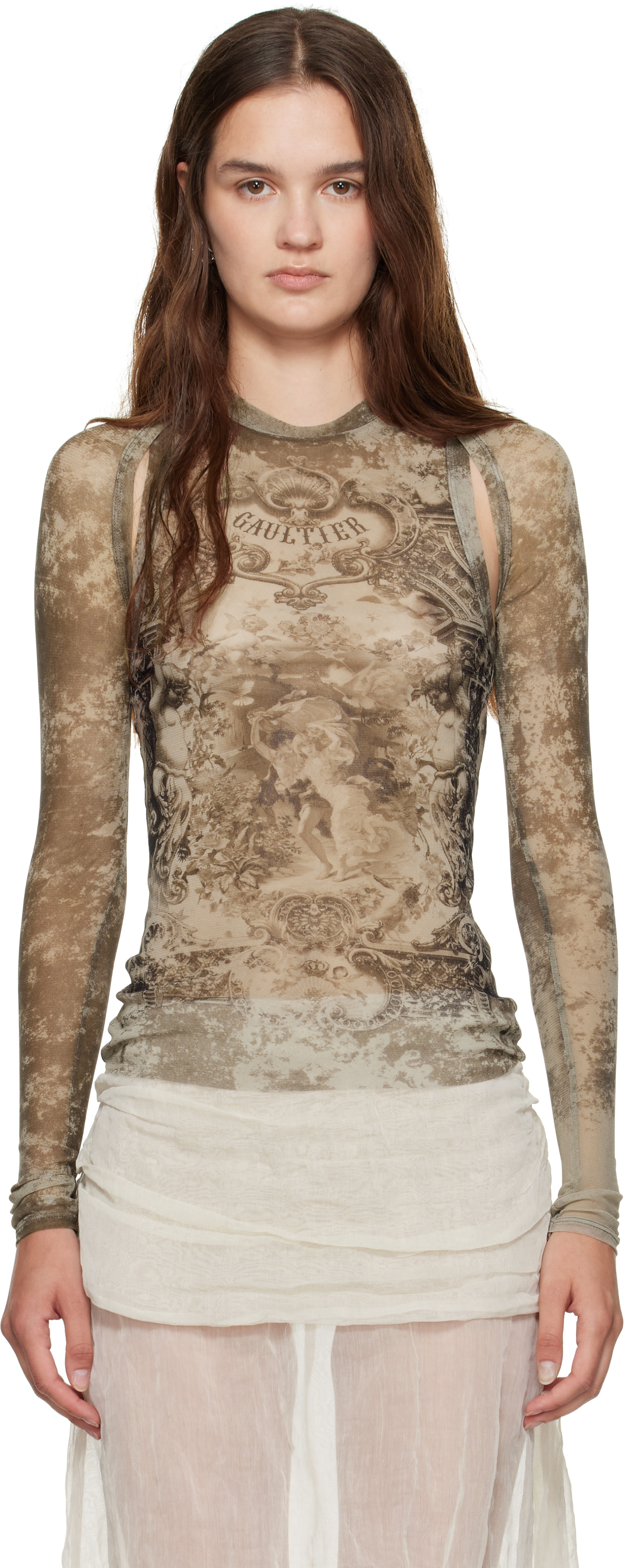 GAULTIER チュール　トップス Jean Paul Gaultier: Beige 'The Médaillon' Sleeves Top | SSENSE