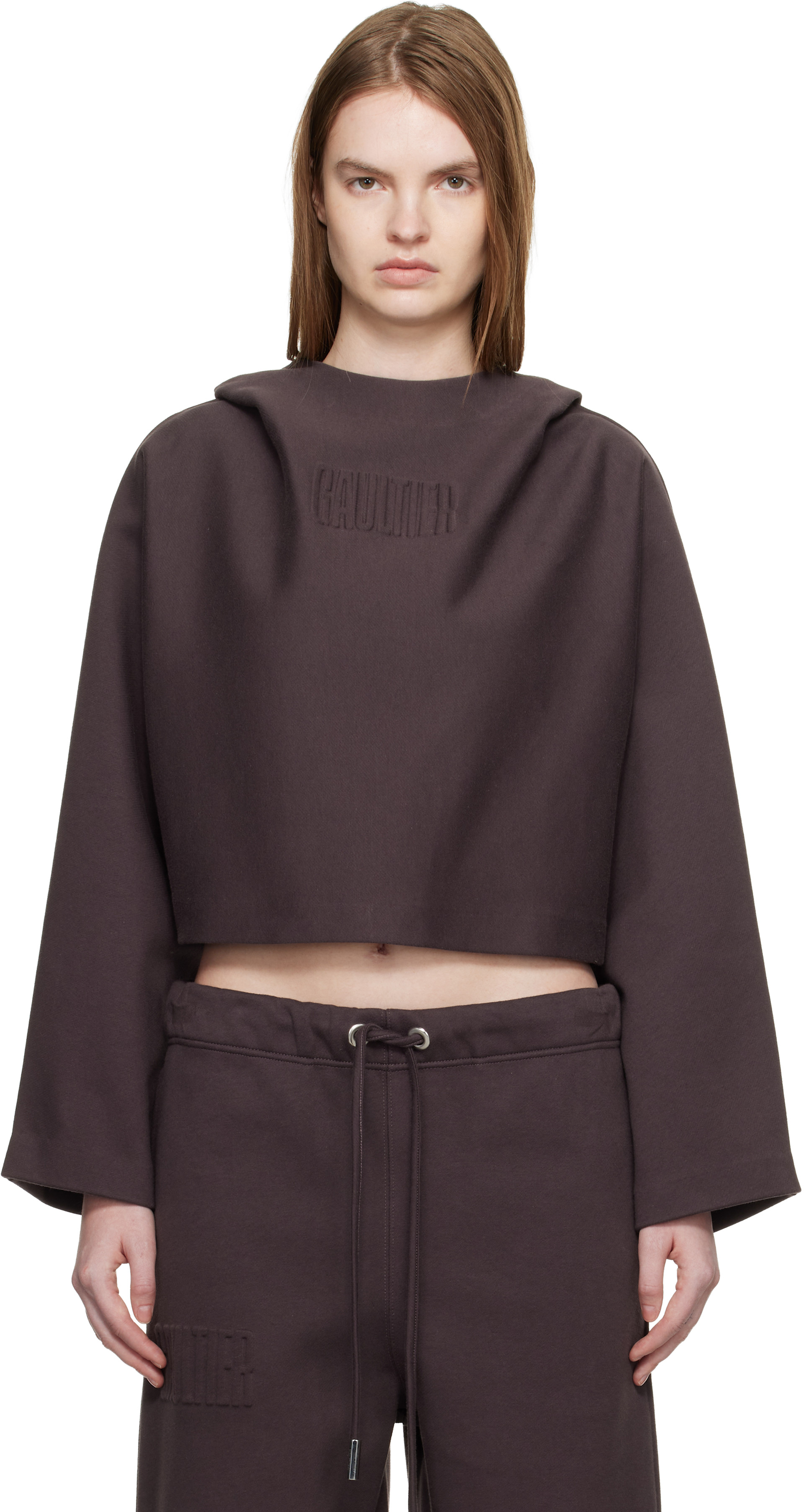 Jean Paul Gaultier - Pull à capuche brun à logo gaufré
