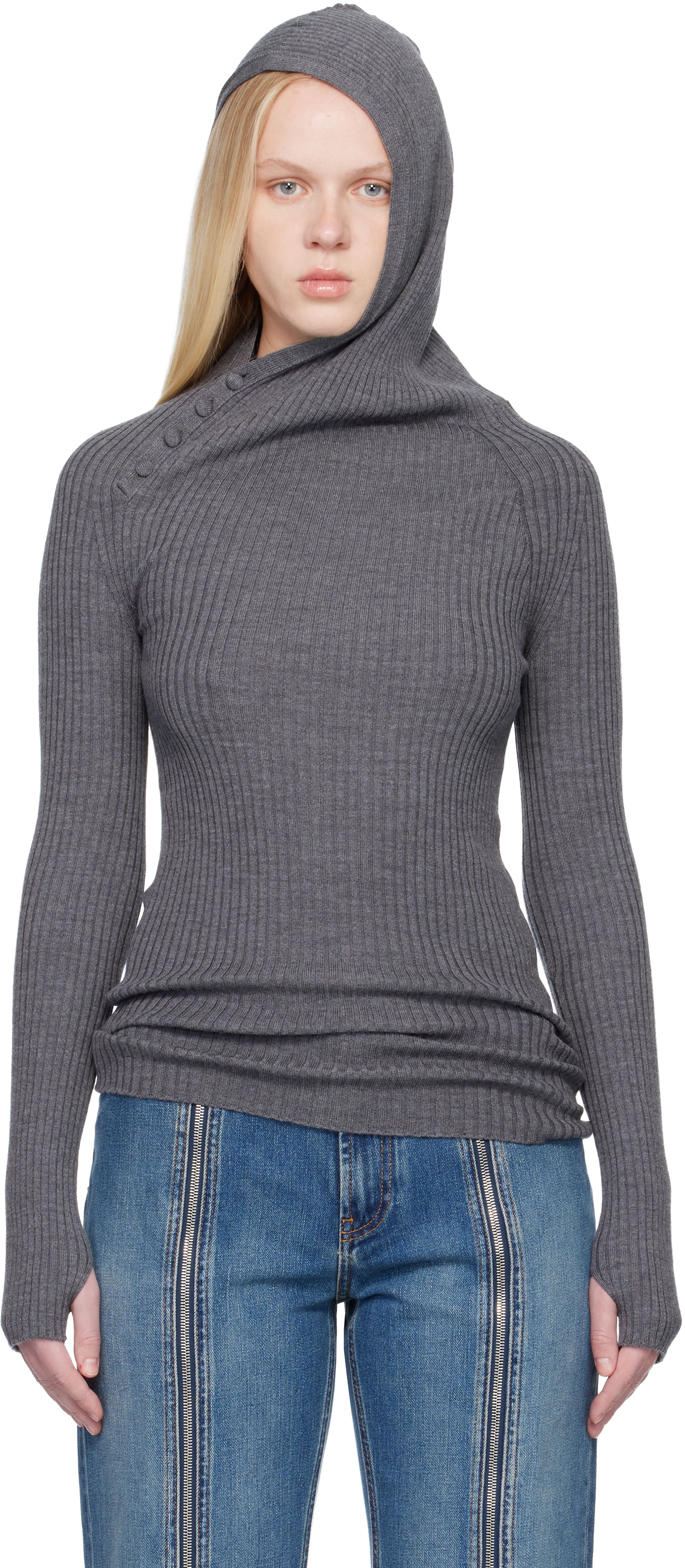Jean Paul Gaultier - Pull à capuche asymétrique gris