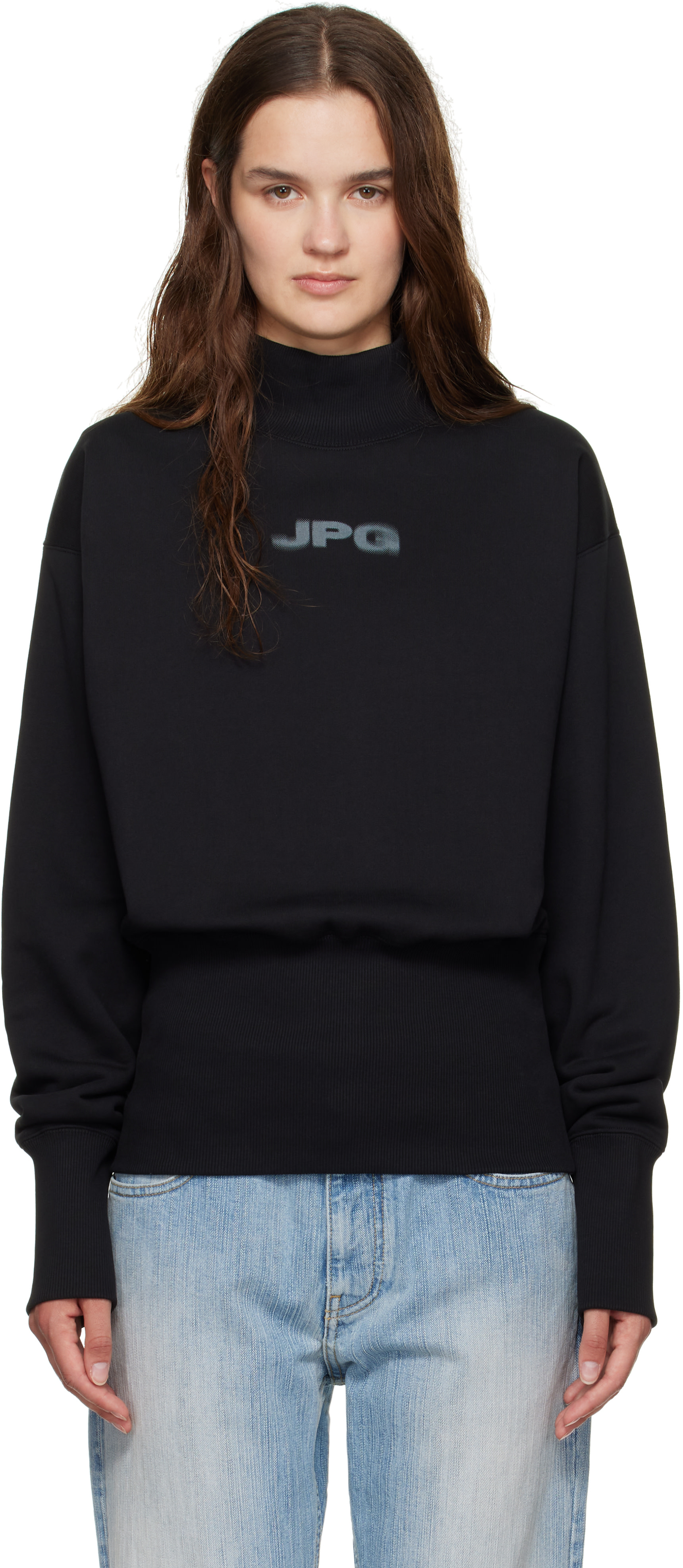 Jean Paul Gaultier: Black Cropped Crew Neck 'JPG' Sweatshirt | SSENSE