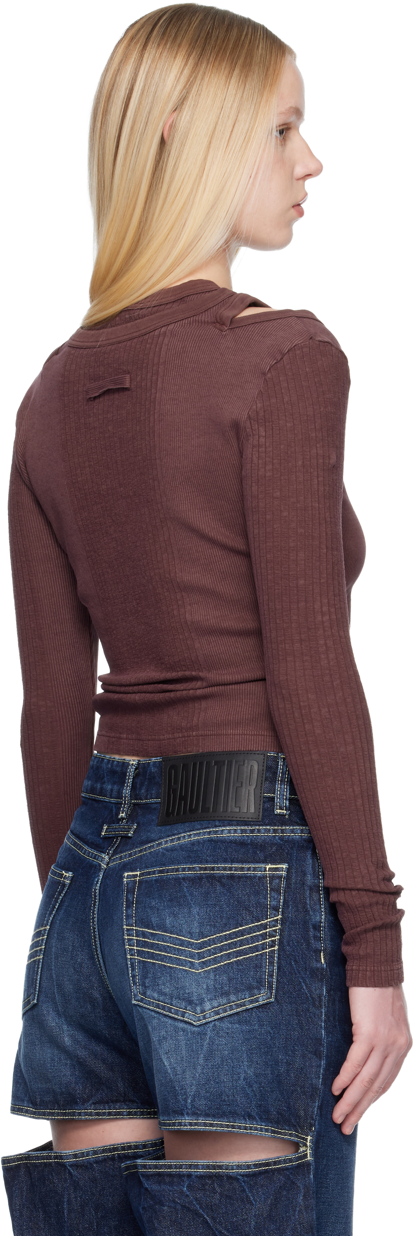 Gaultier Jean's カットソー Jean Paul Gaultier: Burgundy Rib Cutout Fastener Top | SSENSE