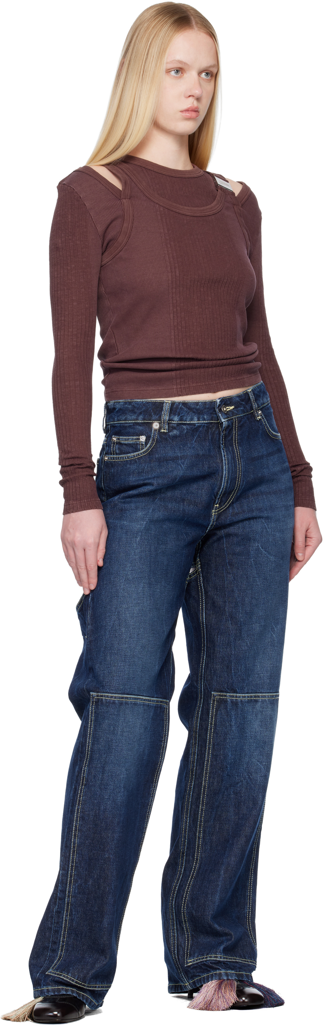 Jean Paul Gaultier: Burgundy Rib Cutout Fastener Top | SSENSE