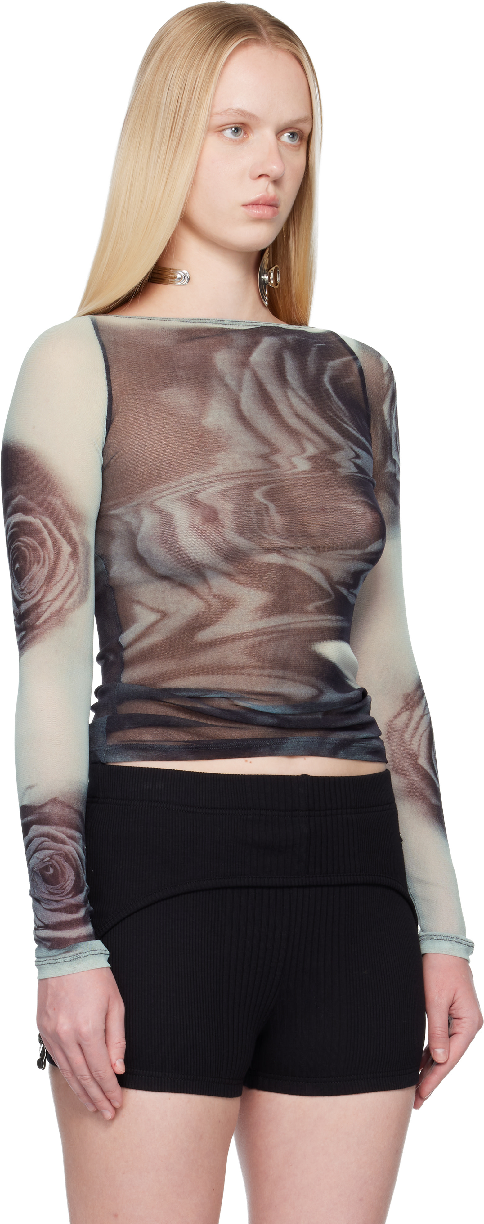 Jean Paul Gaultier: ブラック＆グレー 'The Blurry Roses' トップス