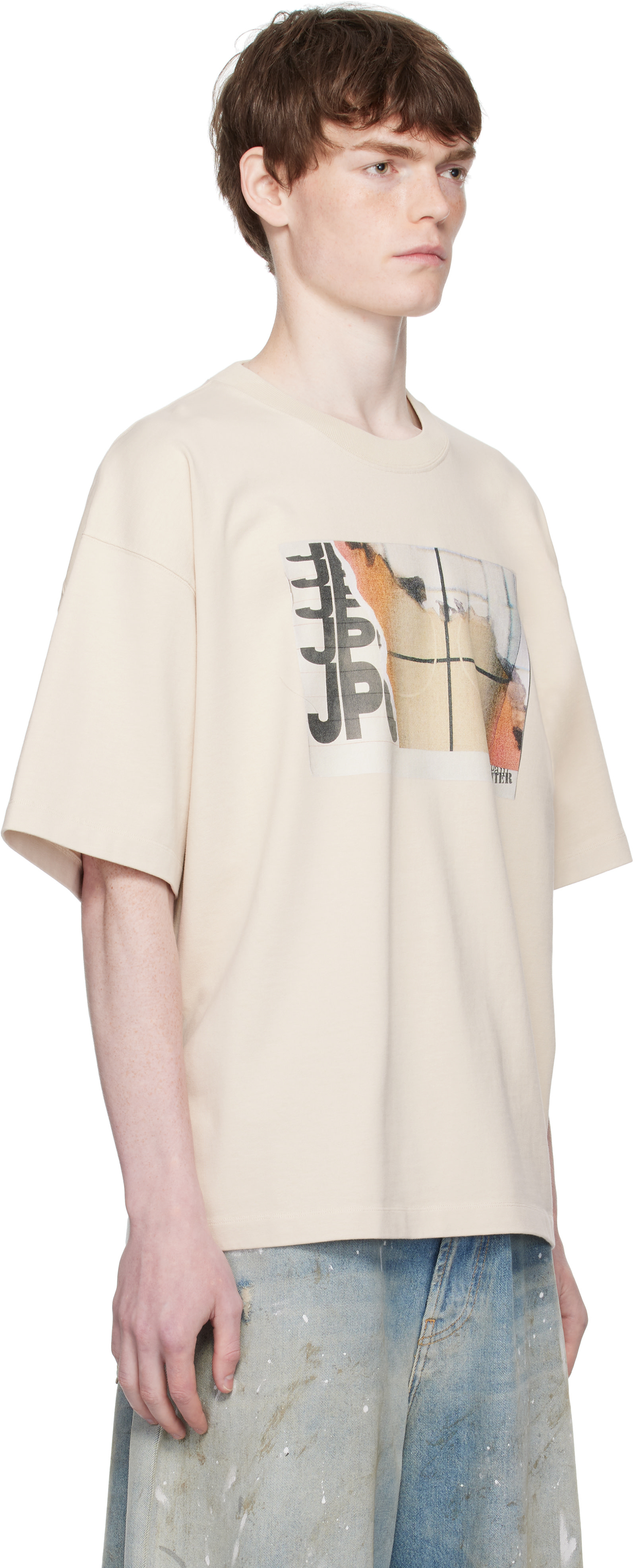 Jean Paul Gaultier: ベージュ Printed Fire オーバーサイズ Tシャツ 