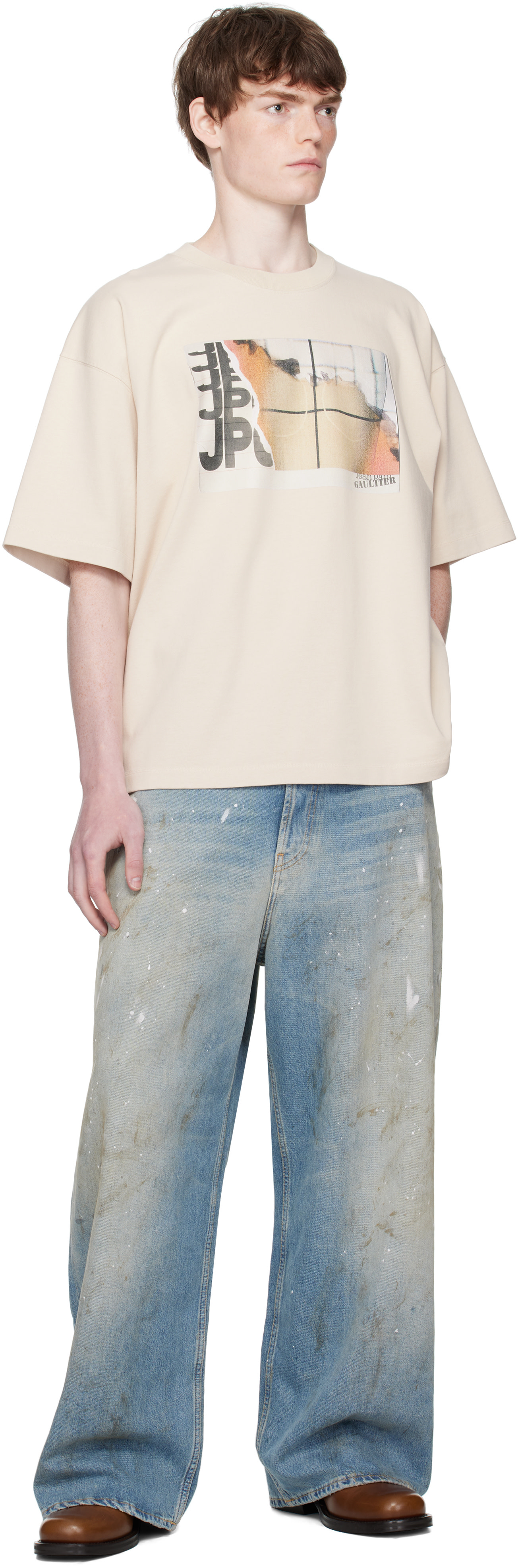 Jean Paul Gaultier: Beige Oversized Printed Fire T-shirt | SSENSE
