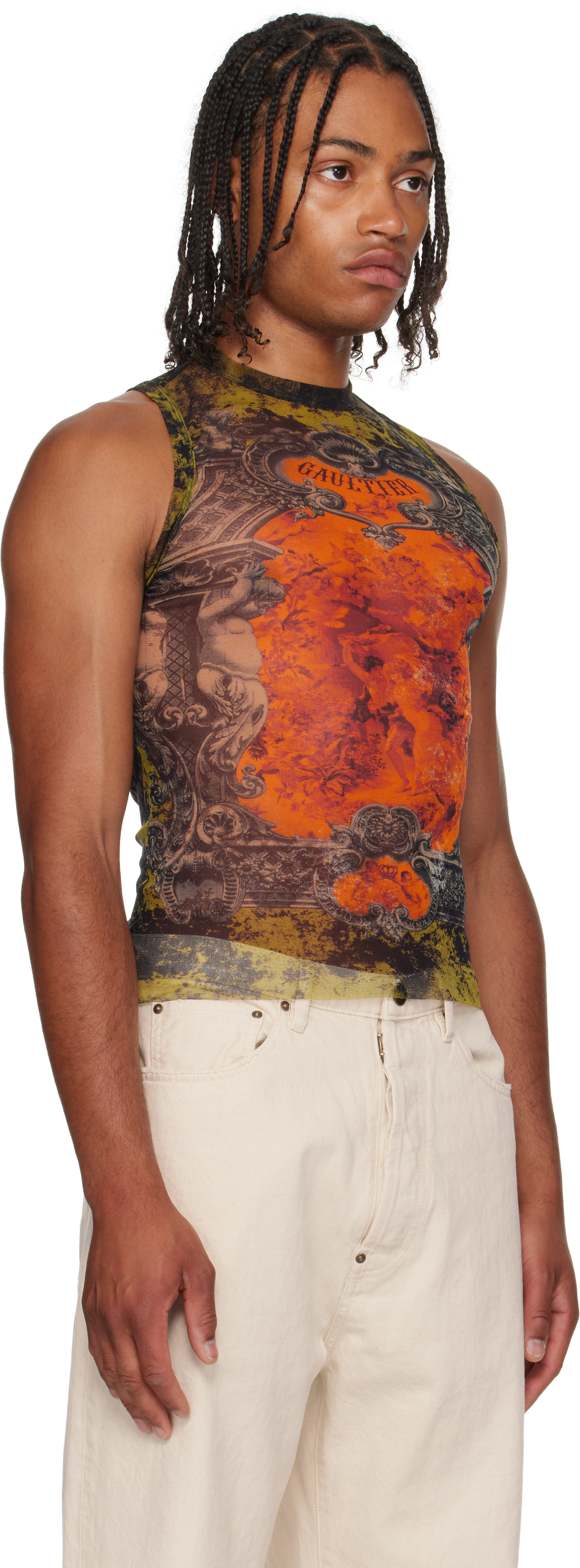 Jean Paul Gaultier: Khaki & Orange 'The Médaillon' Tank Top | SSENSE