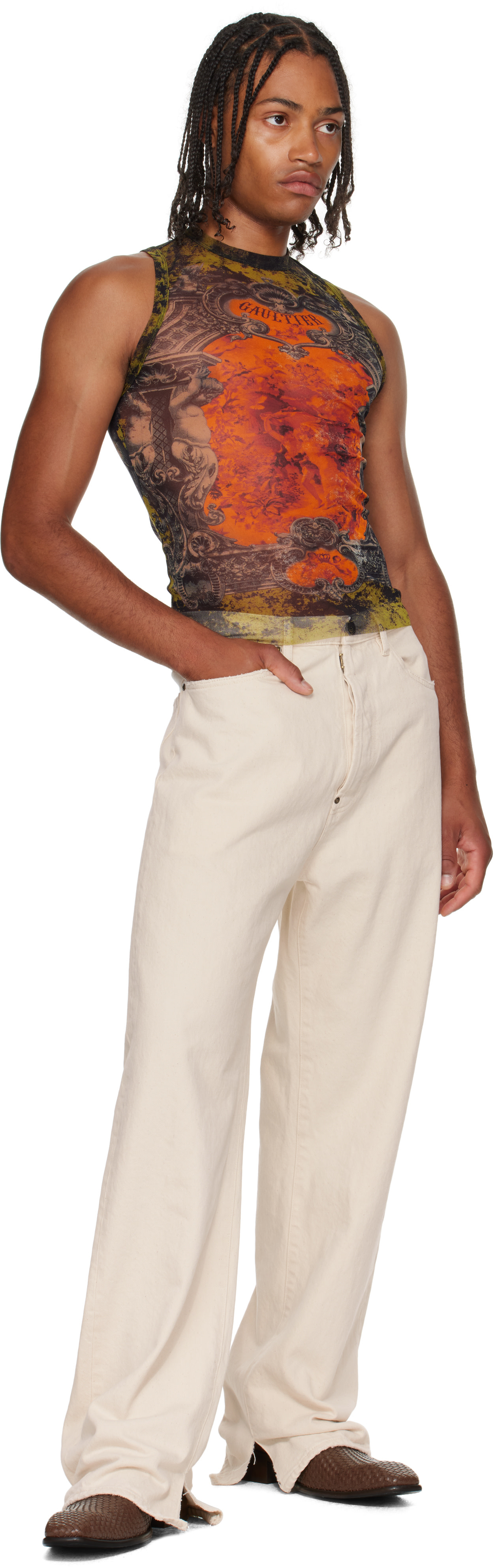 Jean Paul Gaultier: Khaki & Orange 'The Médaillon' Tank Top | SSENSE