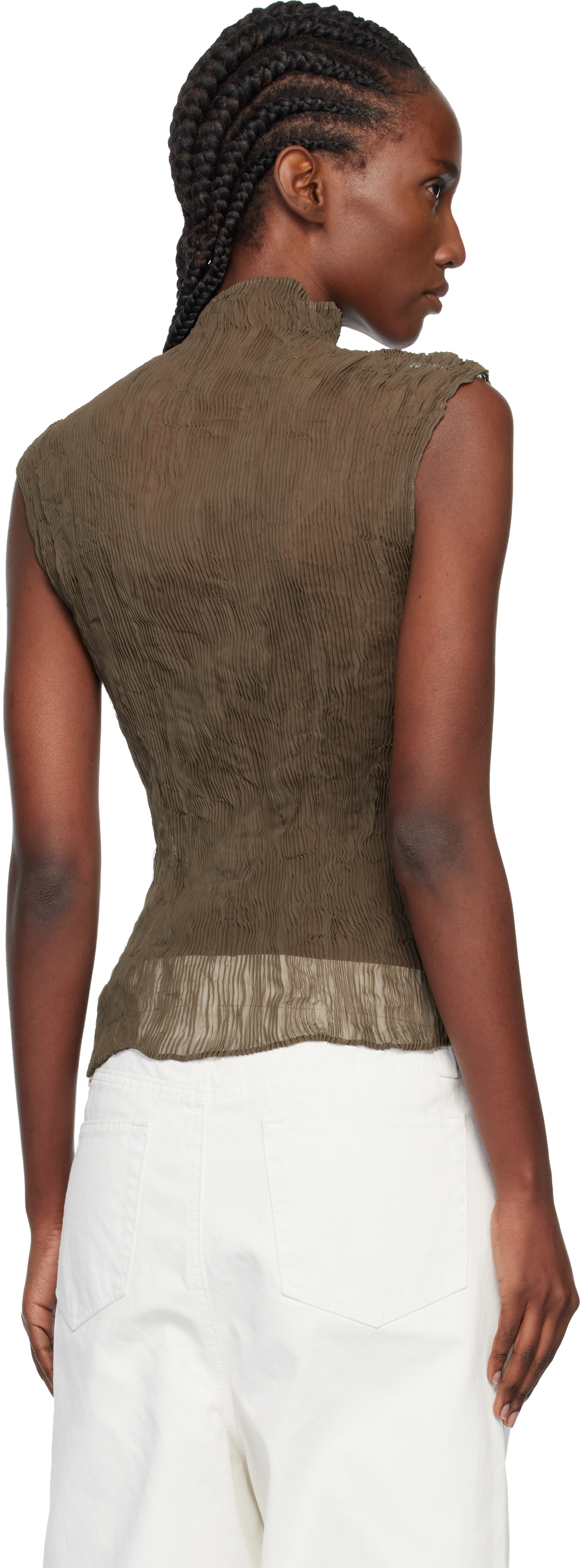 専用になりました　　イッセイミヤケ　シフォン　トップス ISSEY MIYAKE: Khaki Chiffon Twist Top | SSENSE