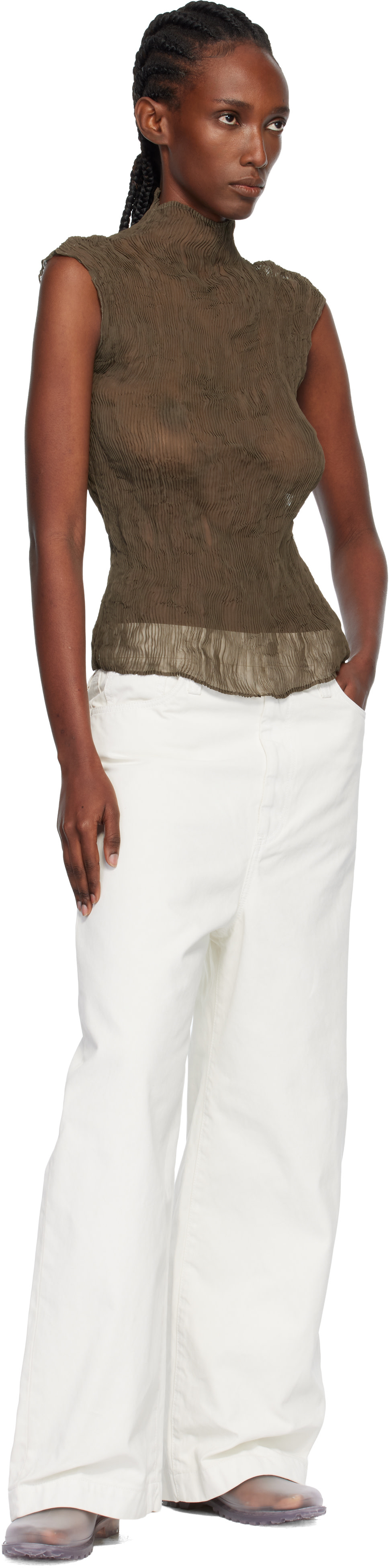 専用になりました　　イッセイミヤケ　シフォン　トップス ISSEY MIYAKE: Khaki Chiffon Twist Top | SSENSE