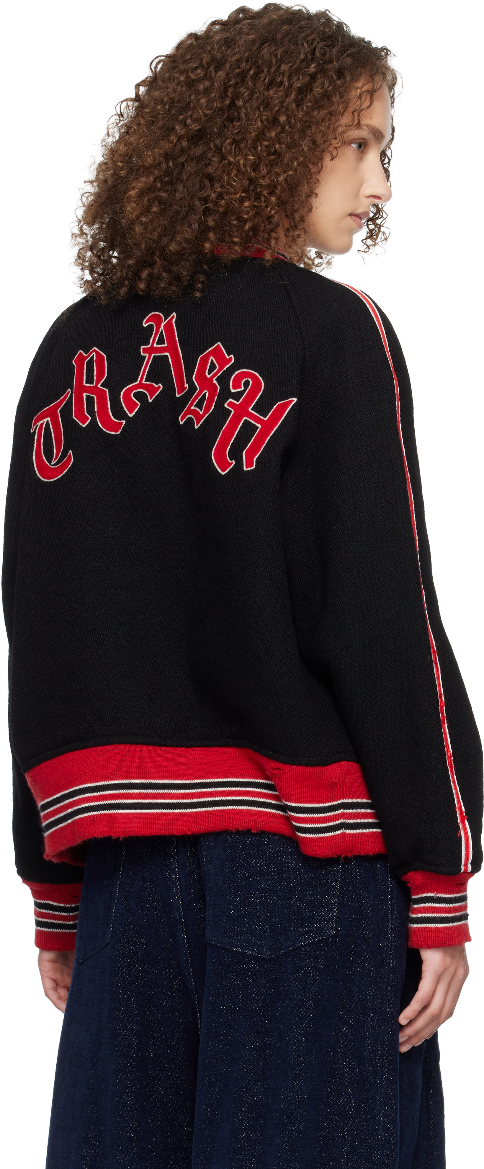 l*e様 Needles Deconstructed Lettered Jack NEEDLES: Black Deconstructed Letter Bomber Jacket | SSENSE