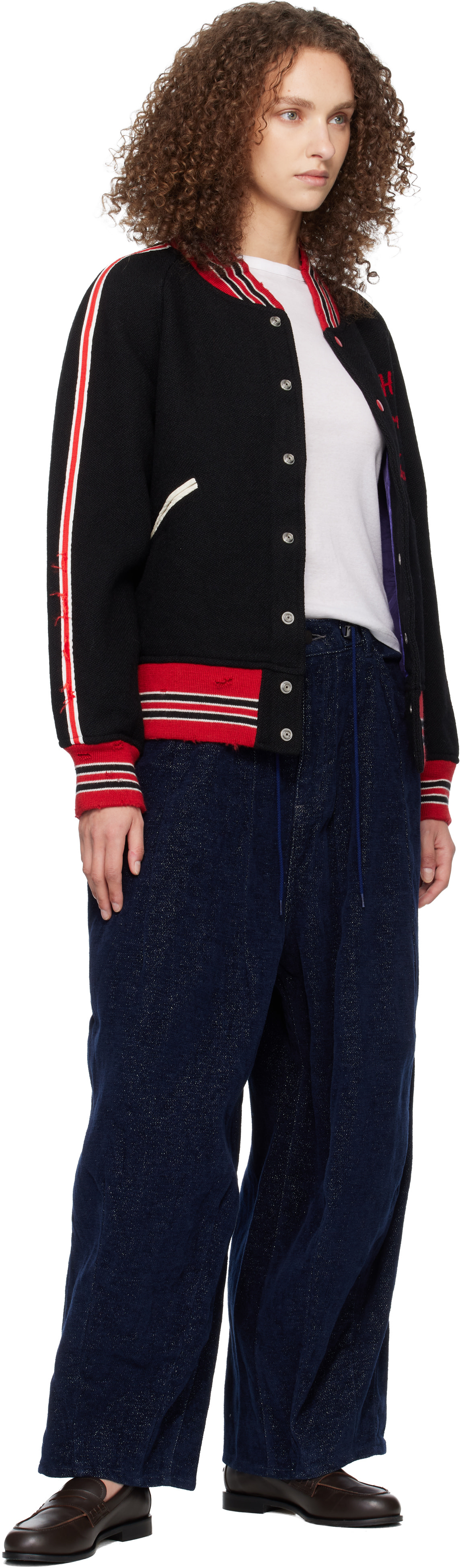 NEEDLES: Black Deconstructed Letter Bomber Jacket | SSENSE